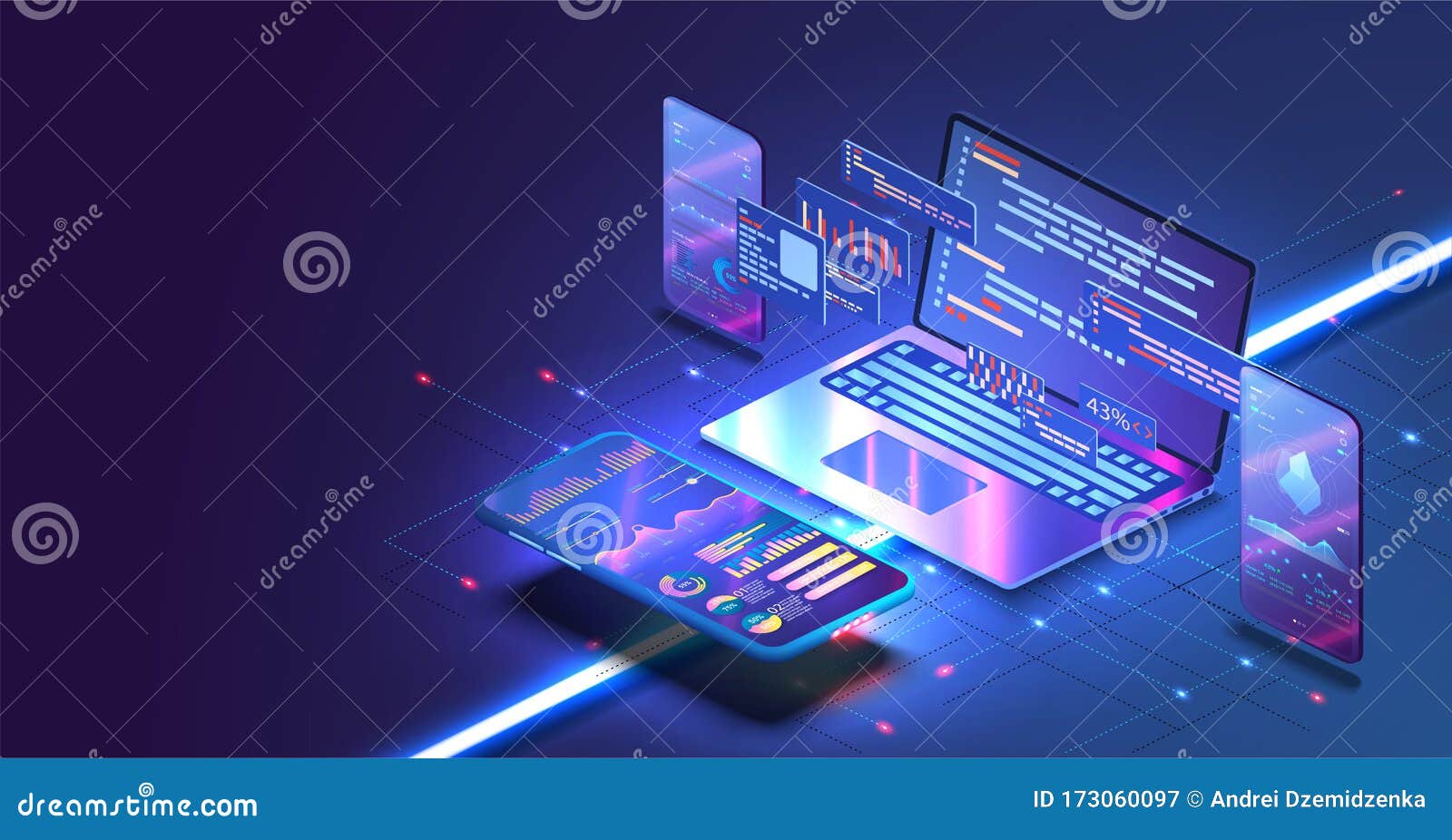 application of smartphone with business graph and analytics data on isometric mobile phone. analysis trends and software