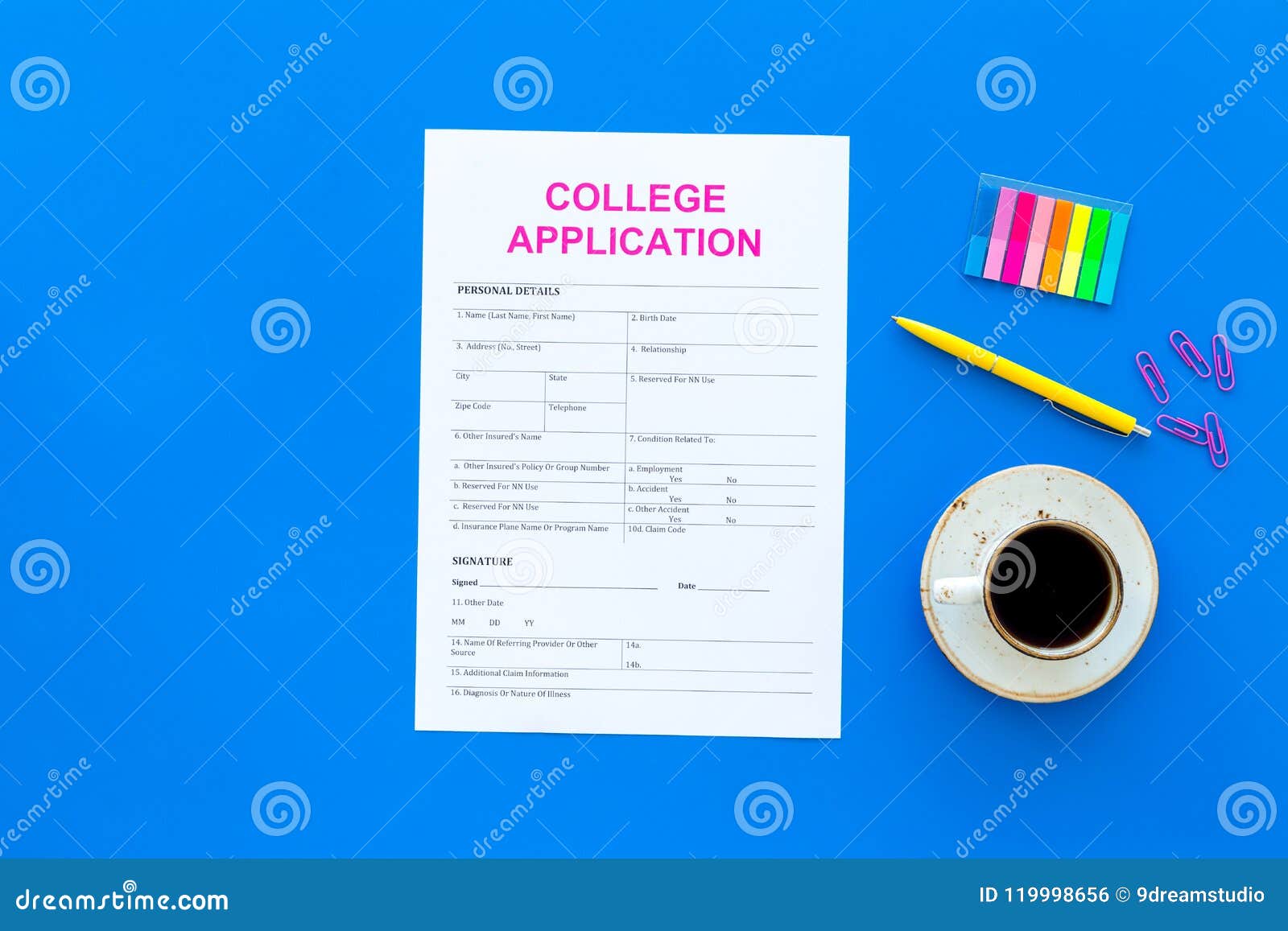 Apply College Empty College Application Form Near Coffee Cup And Stationery On Blue Background