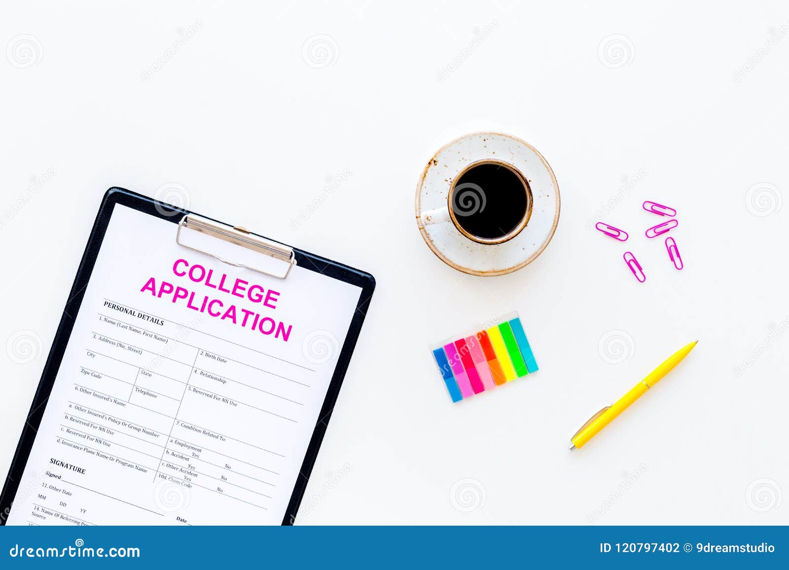 Apply College Empty College Application Form Near Coffee Cup And Stationery On White Background