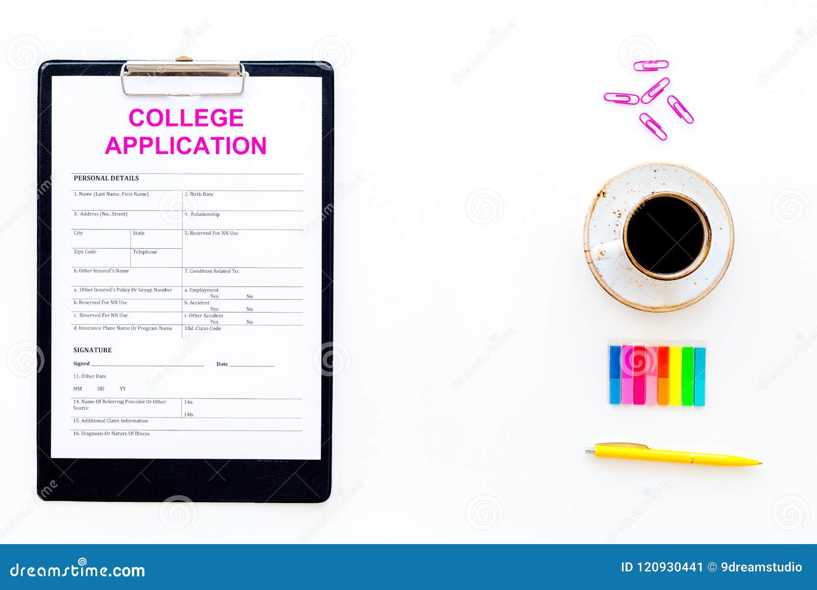 Apply College Empty College Application Form Near Coffee Cup And Stationery On White Background