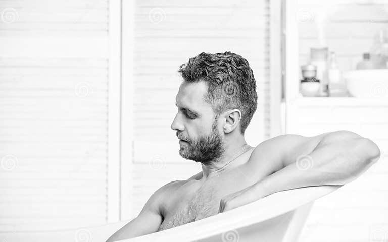Apply Conditioner After Shower Sex And Relaxation Concept Personal Care Man In Bathroom Stock