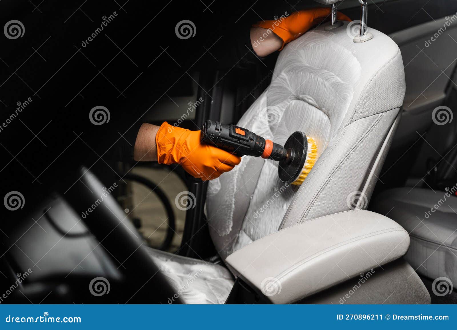 Applying Detergent on Textile Seat in Car Interior for Dry Cleaning
