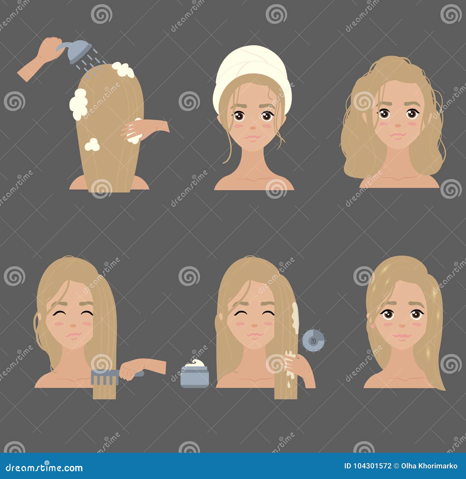 Applying Hair Mask. Young Girl Styling Her Hair Stock Vector - Illustration  of balsam, cartoon: 104301572