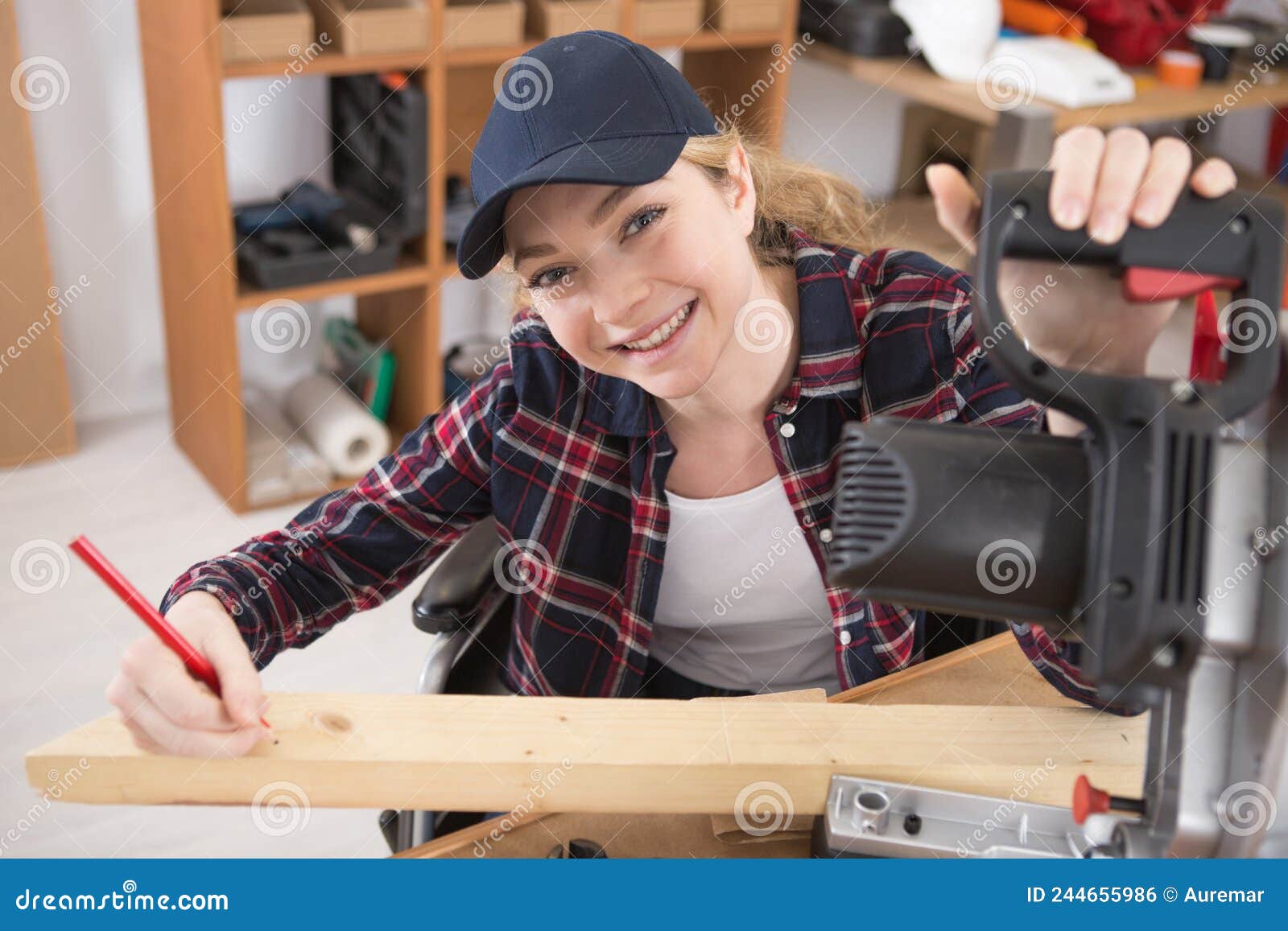 Apprentice Female Carpenter Who Wheelchair Bound Stock Photo Image of