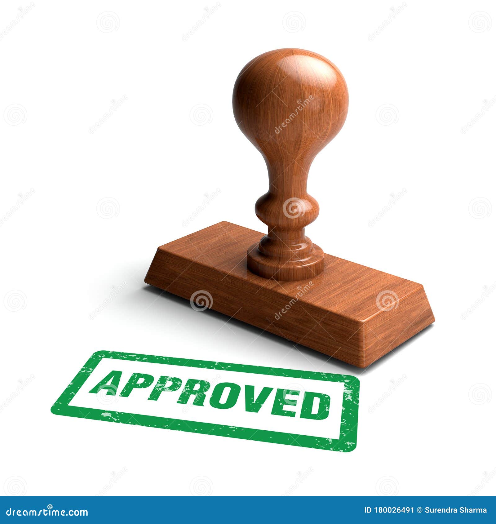 Approved Stamp. Wooden Stamper and Stamp with Text Approved on White