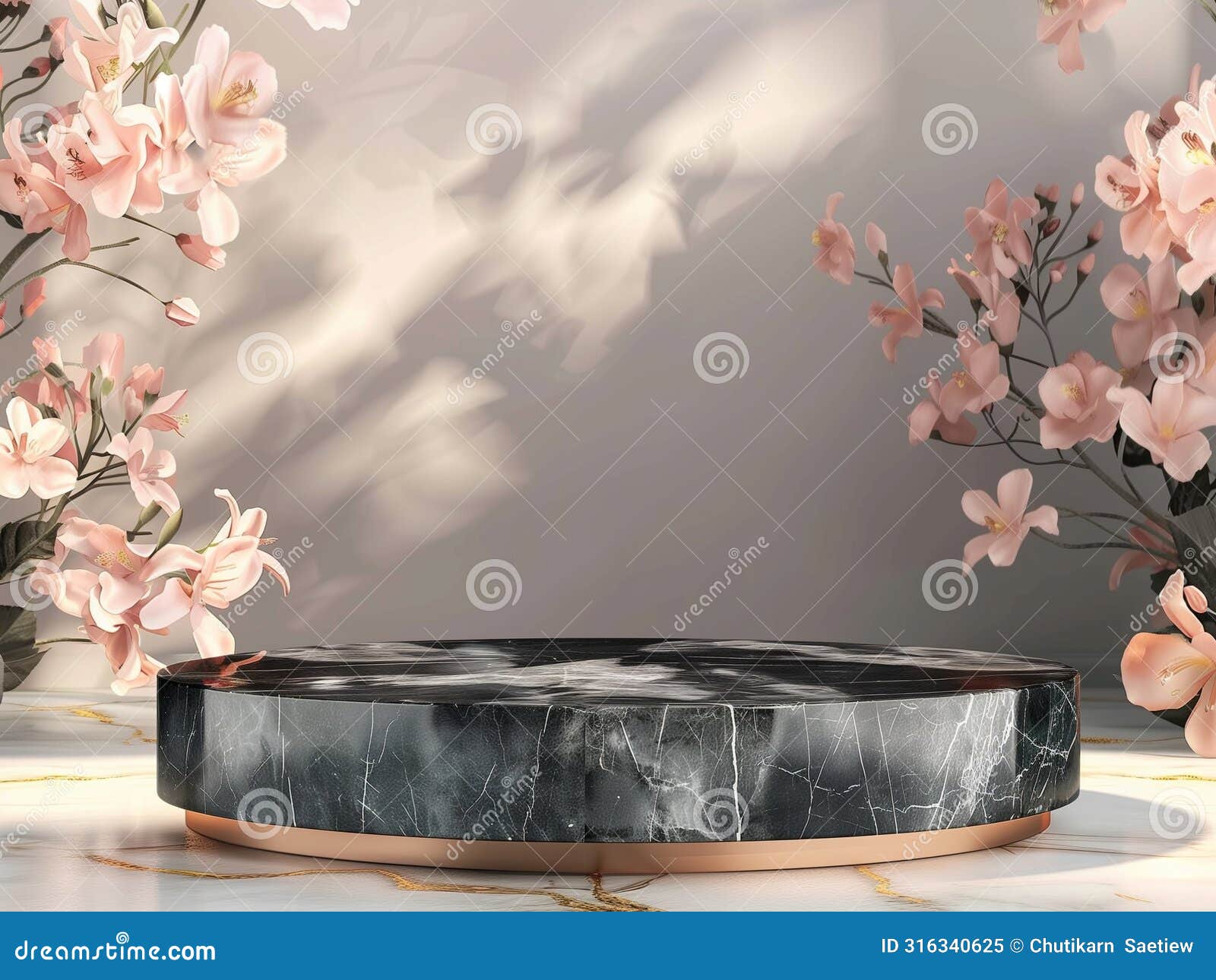 black marble podium, flowers background,aigenerated