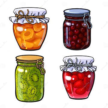 Apricot, Cherry, Strawberry and Kiwi Jam, Marmalade in Traditional Jars ...