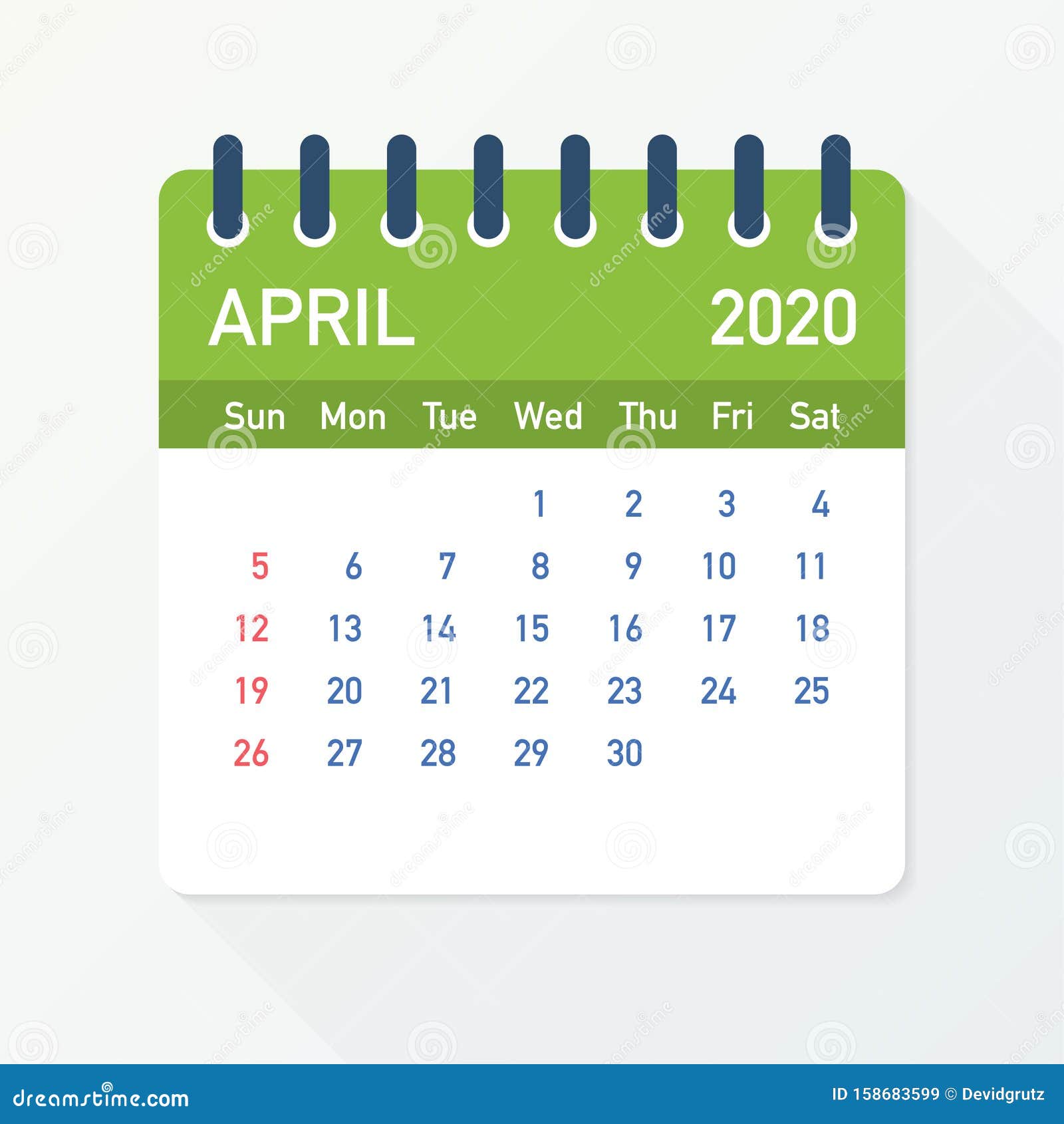 April 2020 Calendar Leaf. Calendar 2020 In Flat Style