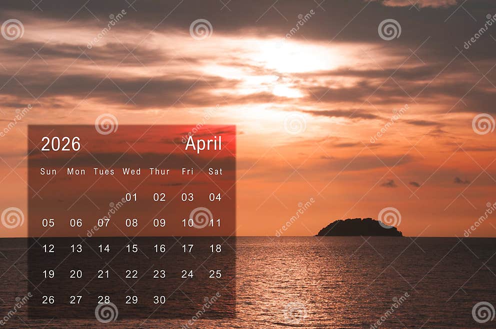 April 2026 Calendar with Wonderful Sunset at Beach Stock Image Image