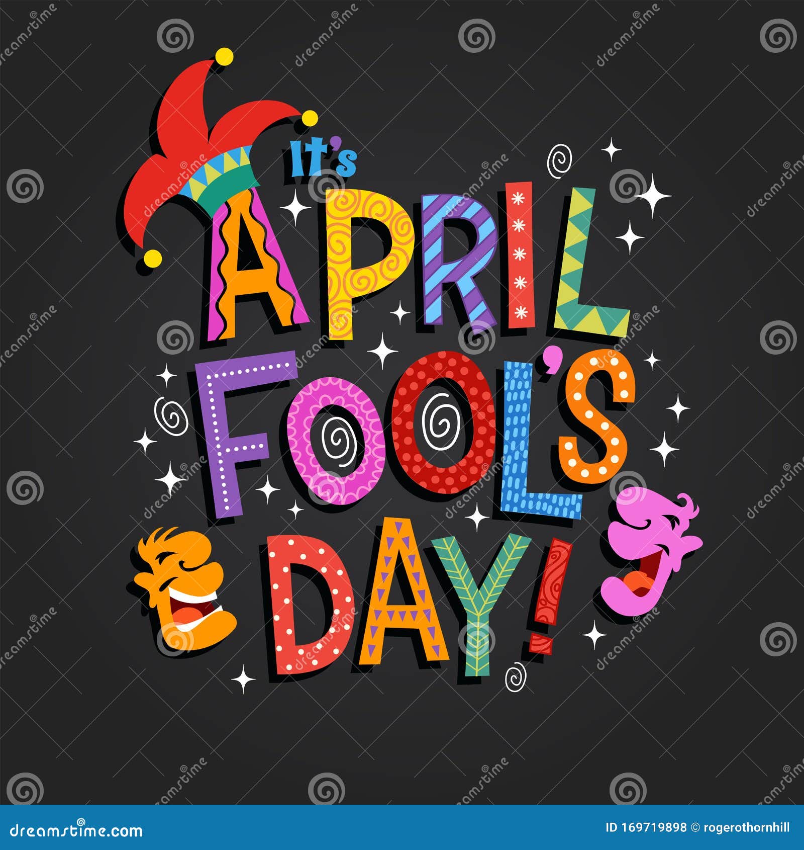 april fool`s day  with hand drawn decorative lettering, laughing cartoon faces