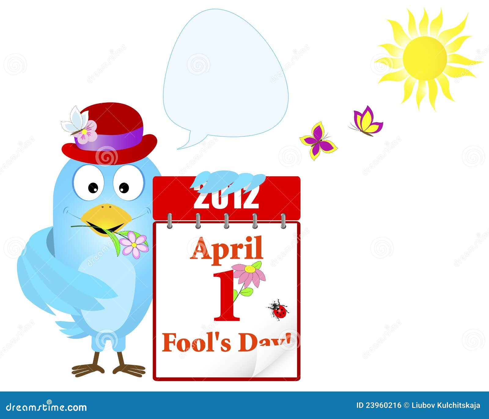 April Fools Day. Blue Bird with a Calendar. Stock Vector Illustration