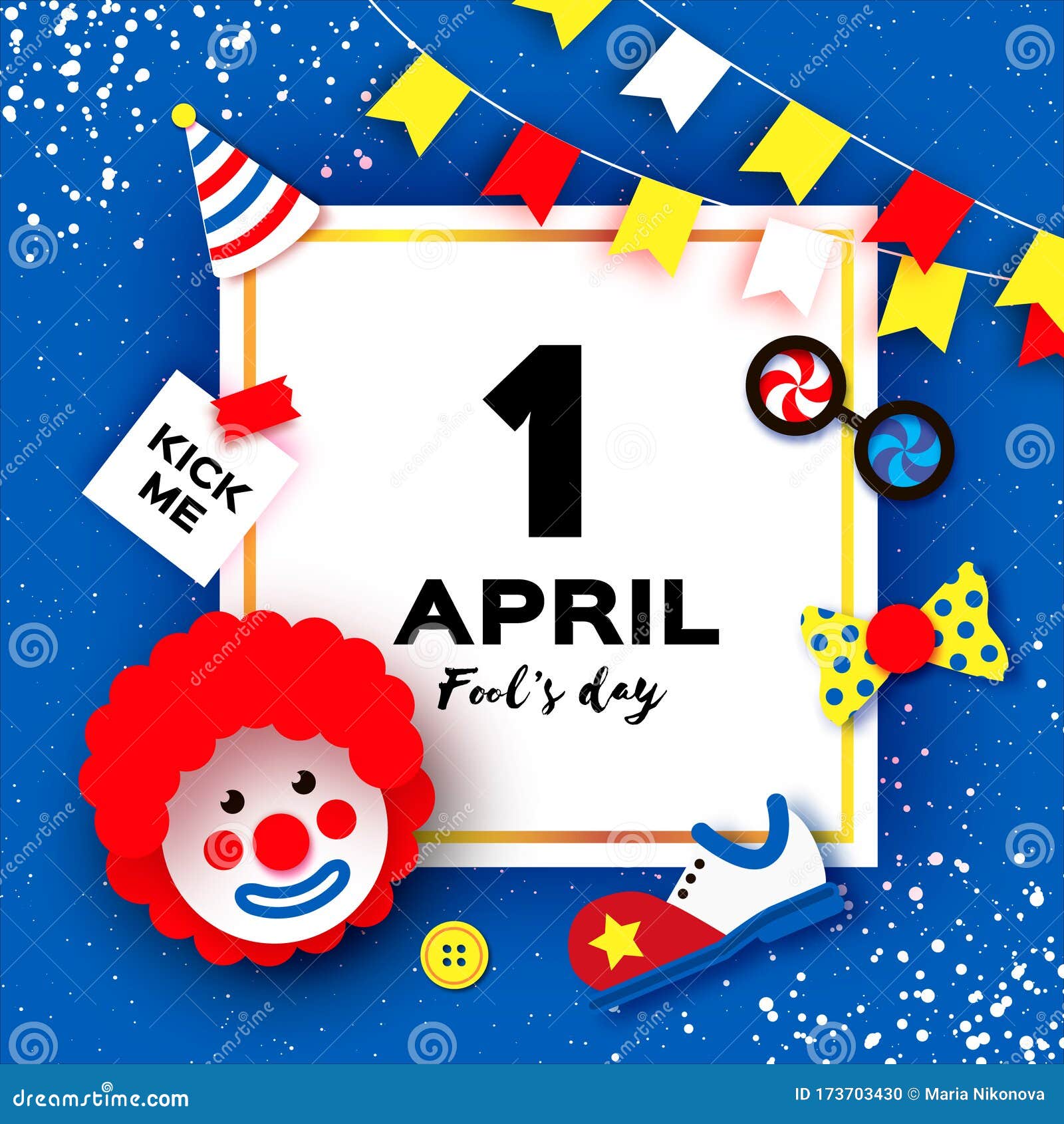 1 April Fools Day. Funny Clown Red Wig. Kick Me Prank Paper