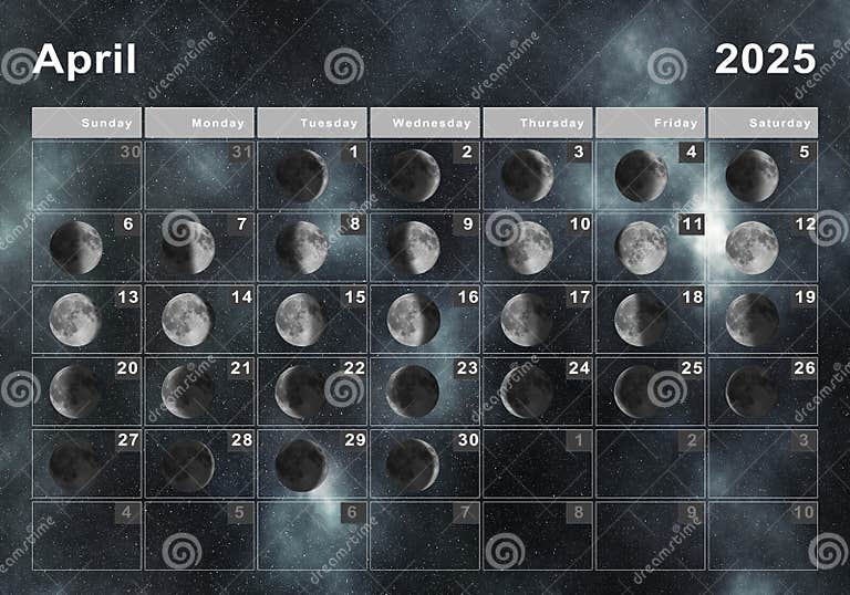 April 2025 Lunar Calendar, Moon Cycles Stock Illustration