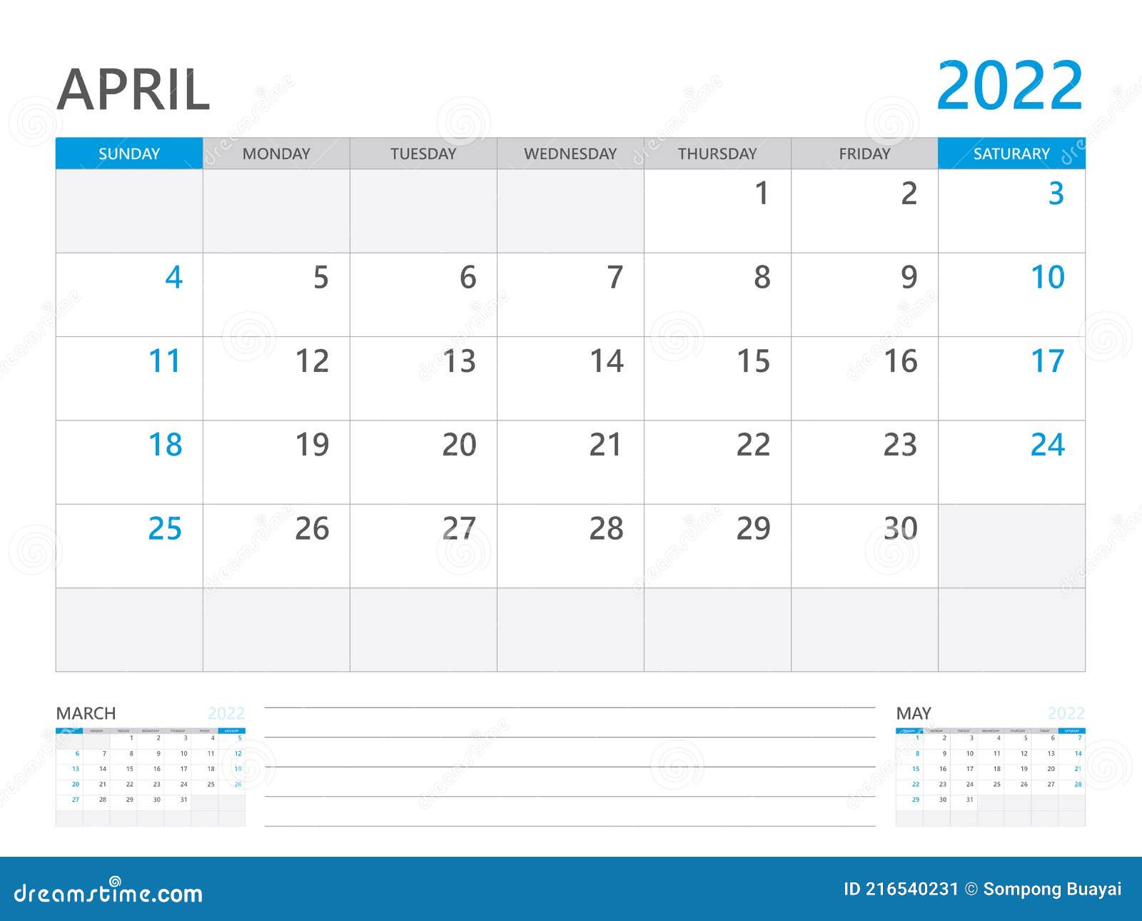April 2022 Year, Calendar Planner 2022 And Set Of 12 Months, Week Start On Sunday. Desk Calendar 2022 Design, Wall Calendar Design Stock Vector - Illustration Of 2022, Application: 216540231