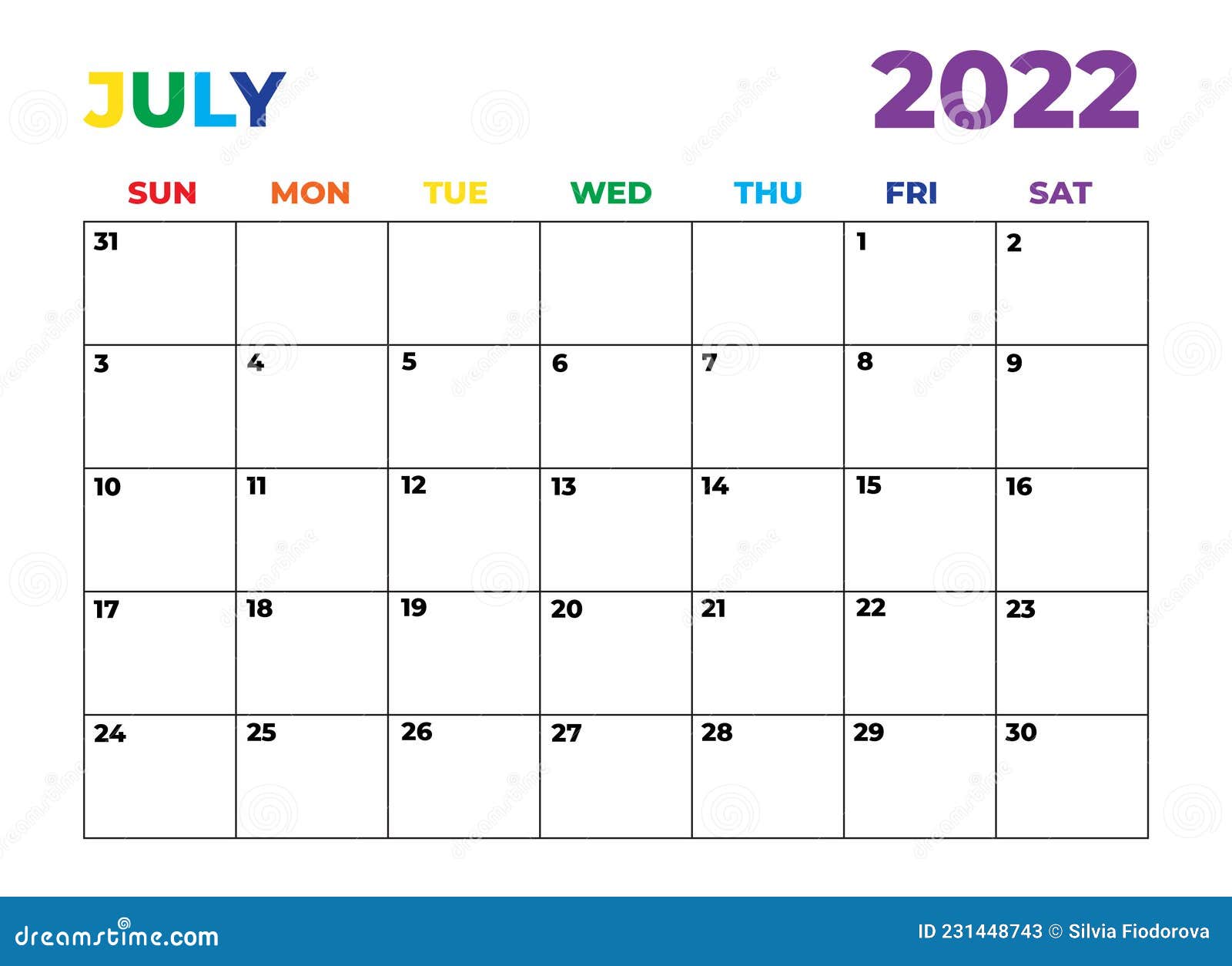 Minimalist Rainbow Sunday Start Monthly Planner July 2022 Stock Vector