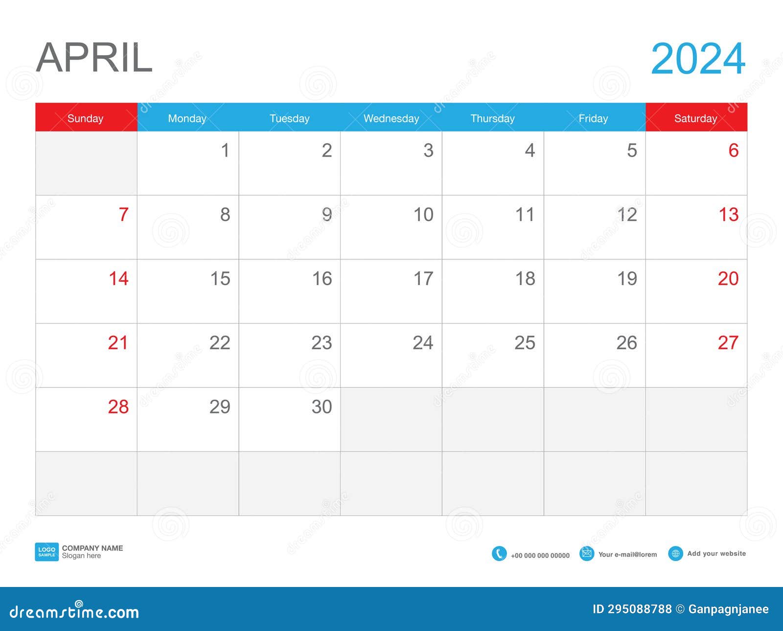 April 2024 Calendar 2024 Template Vector, Desk Calendar 2024 Design