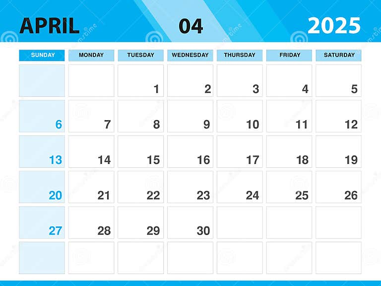 April 2025 Template, Calendar 2025 Template Vector, Planner Monthly