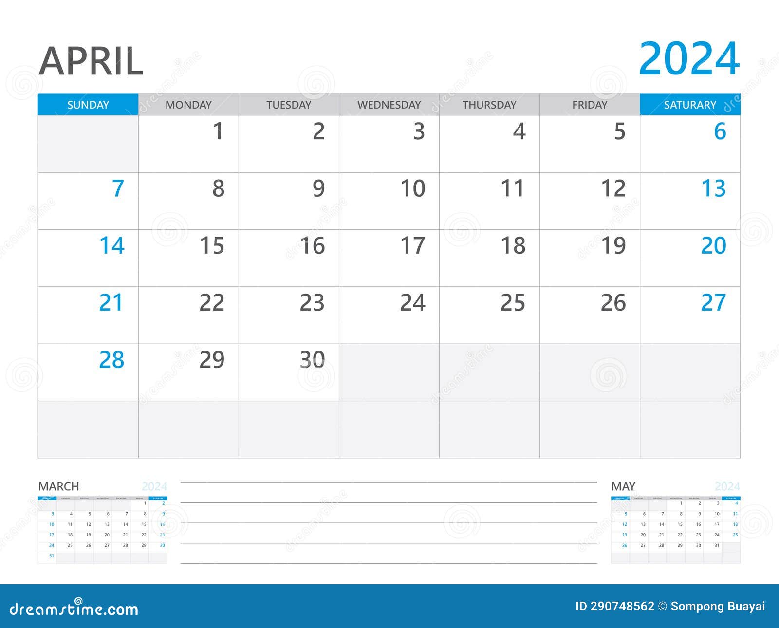 april 2024 year, calendar planner 2024 and set of 12 months, week start on sunday. desk calendar 2024 , simple and clean