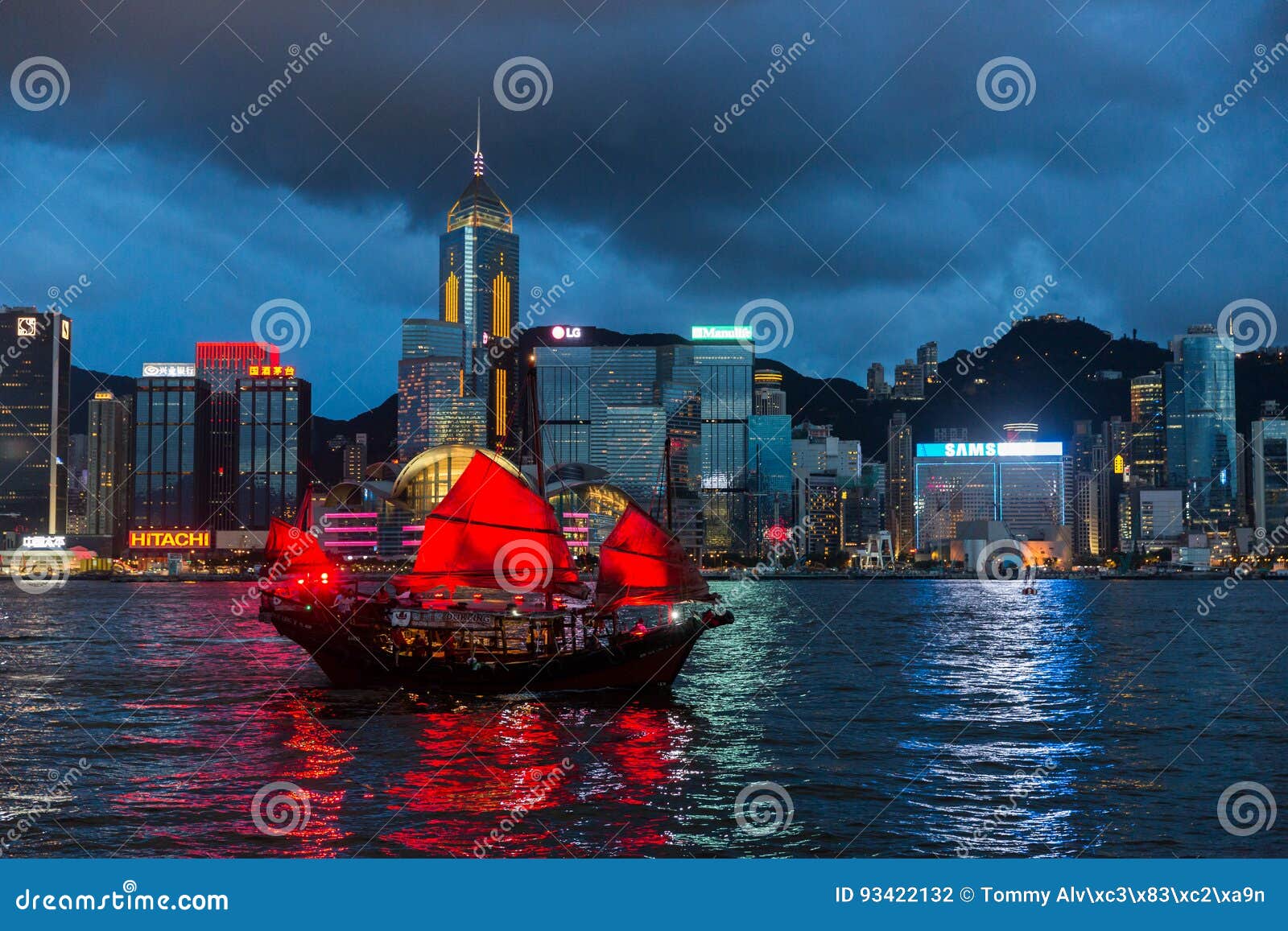 The Aqua Luna Sail Ship in Hong Kong by Night. Editorial Photography
