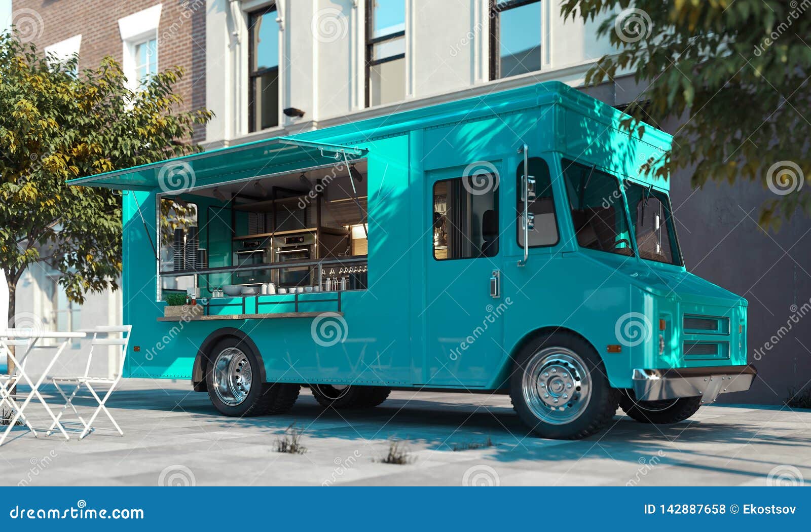 aquamarine food truck with detailed interior on street. takeaway. 3d rendering.