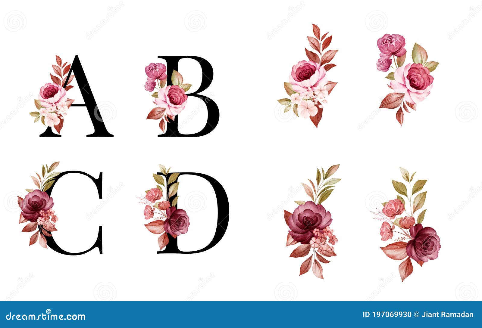 Aquarela Alfabeto Floral Conjunto De a B C D Com Flores E Folhas Vermelhas  E Marrons. Composição Das Flores Para Marcas De Logotip Ilustração do Vetor  - Ilustração de vermelho, incorporado: 197069930