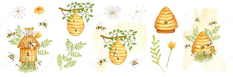 Aquarellbilder Zum Thema Bienenzucht. Bienenstock Mit Strohdach Im Gras