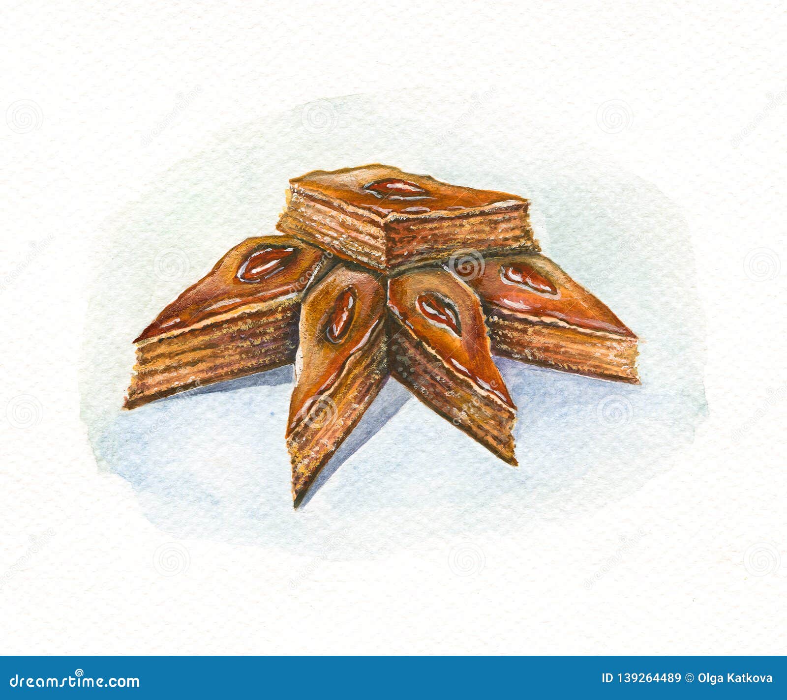 Aquarelle de dessert d'Orienta de baklava. Peinture d'aquarelle de la baklava délicieuse de dessert d'Ouzbékistan de bonbons turcs orientaux à tartre peinte au-dessus du papier rugueux texturisé blanc