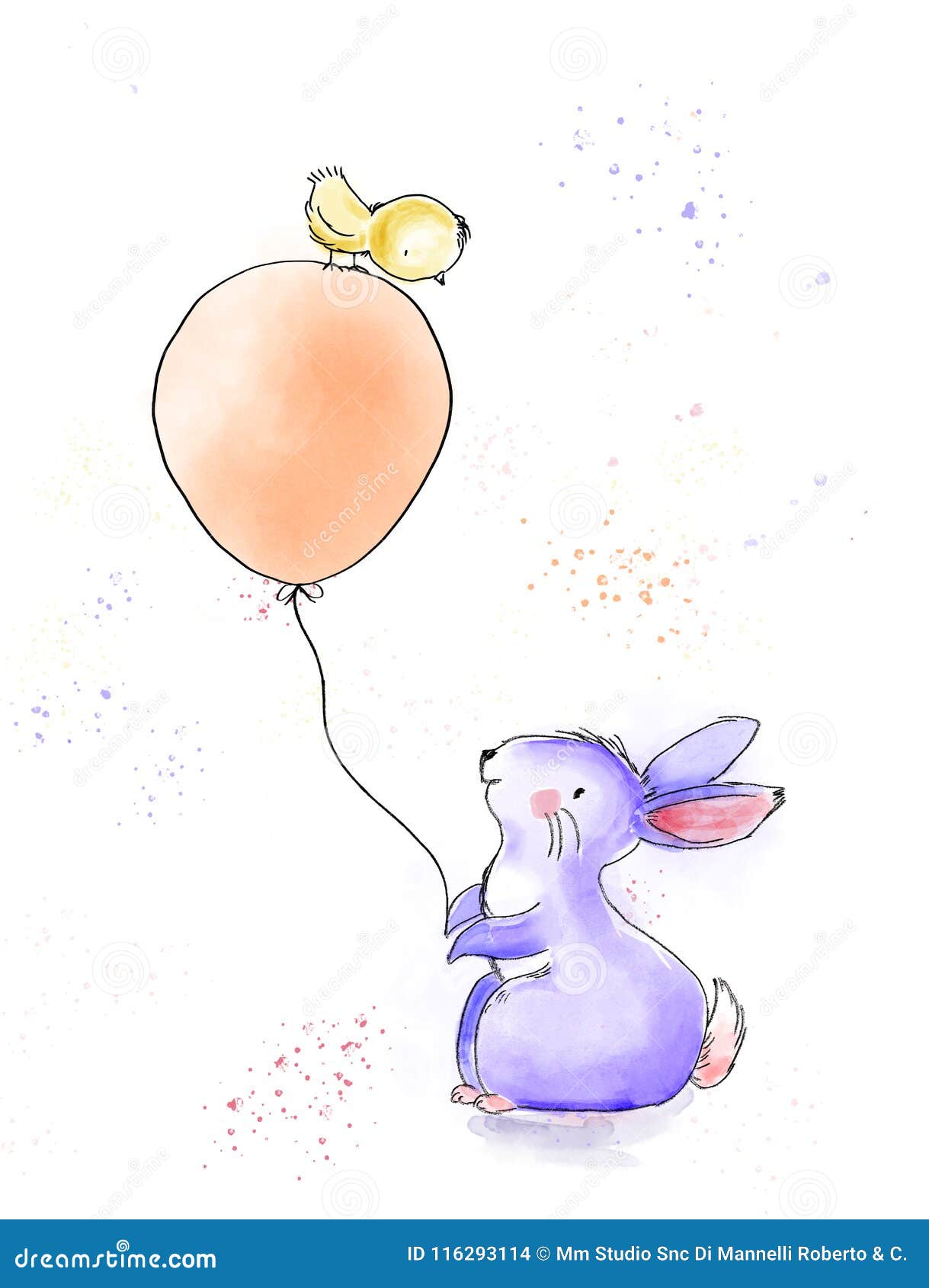 Aquarelle De Joyeux Anniversaire Et Illustration De Vintage D Encre Avec Le Lapin Mignon Et Poussin Avec Un Grand Ballon Illustration Stock Illustration Du Peint Main