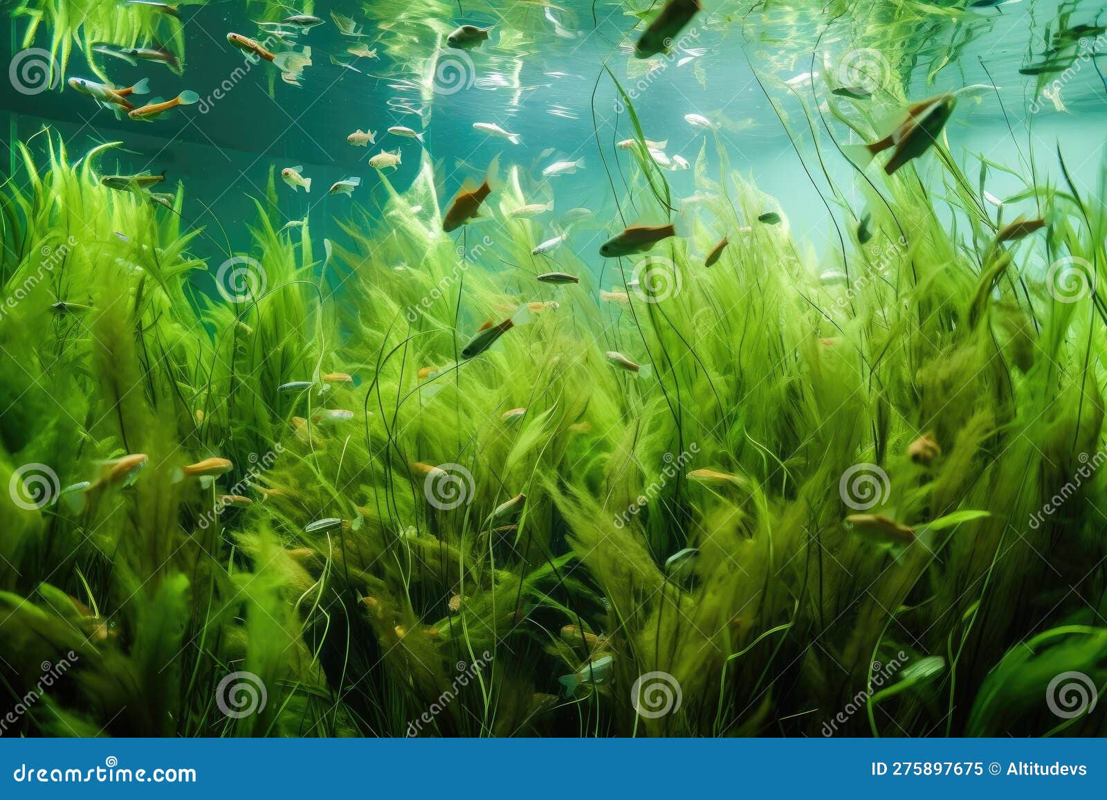 aquarium with seagrasses and aquatic plants, underwater view