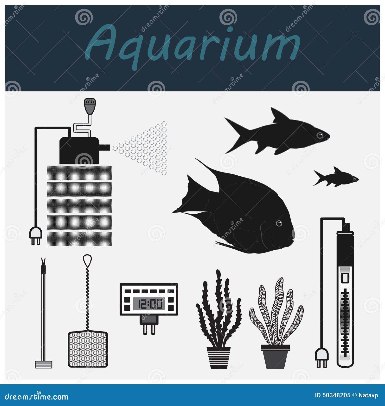 Aquarium. Tools for the Aquarium. Accessories and Fish. Vector