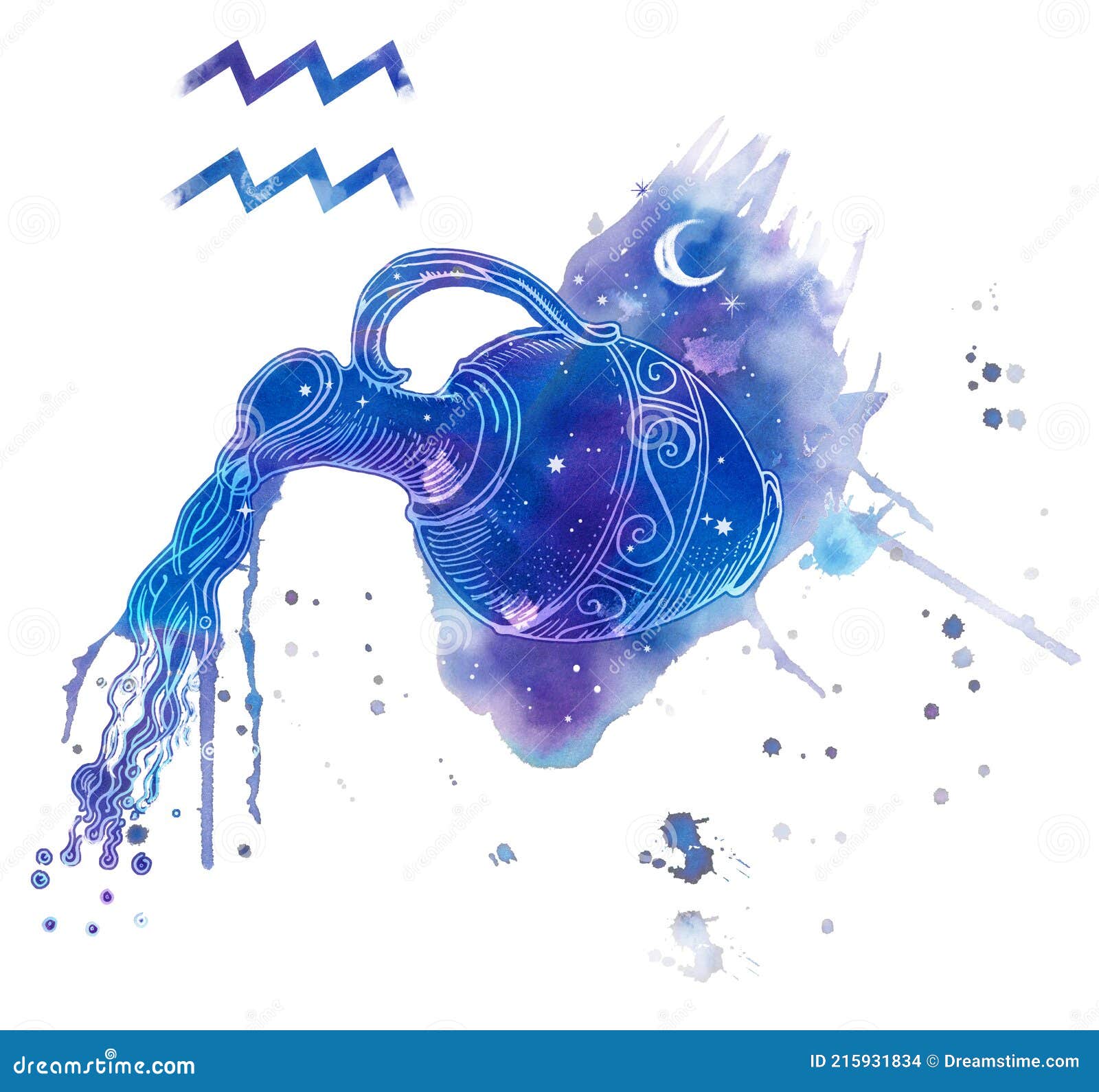 Aquarius Symbol. Pouring Water Antique Jar on Sky Blue Watercolor ...