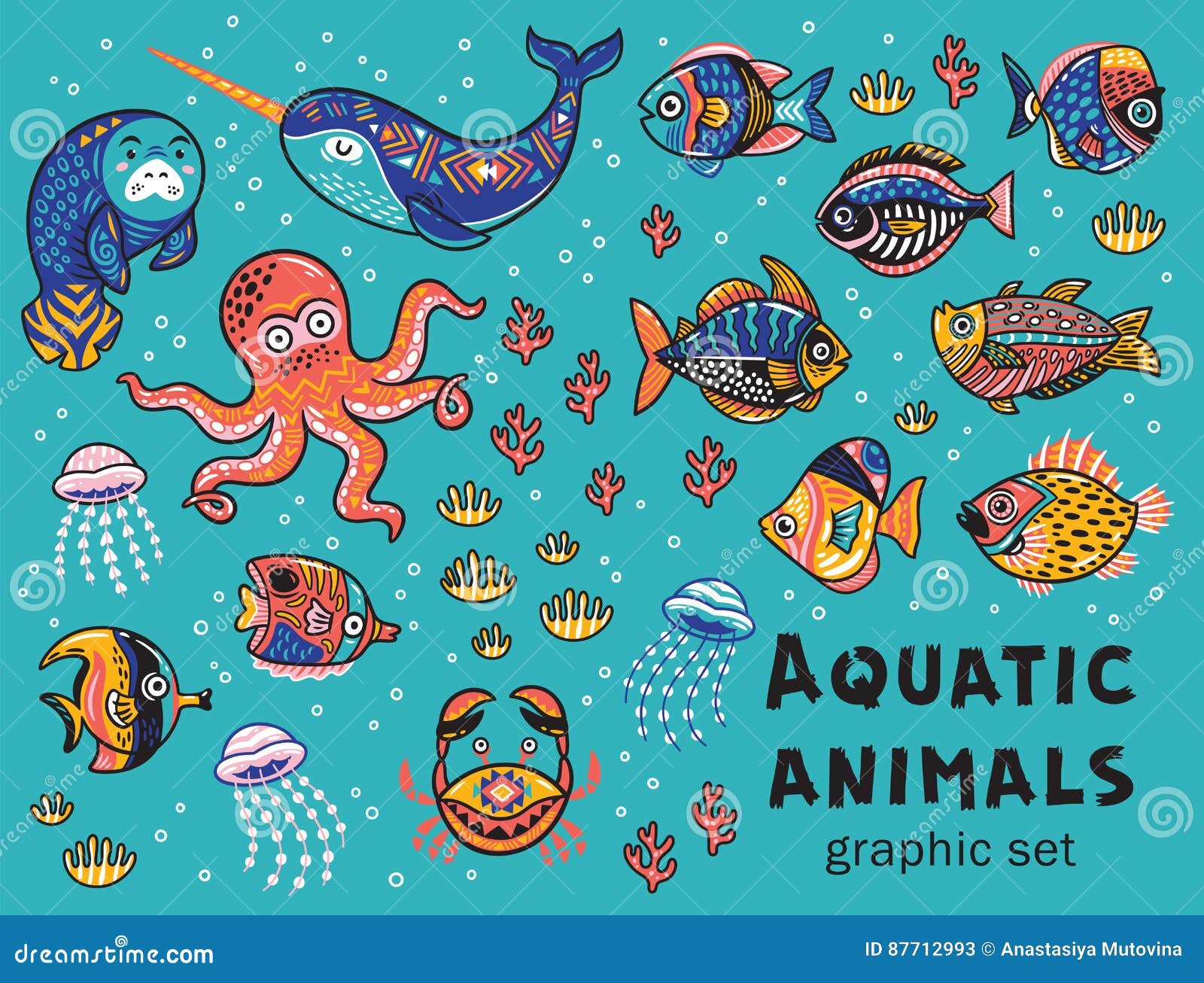 Aquatic Animals Vector Collection Stock Vector - Illustration of octopus,  cute: 87712993