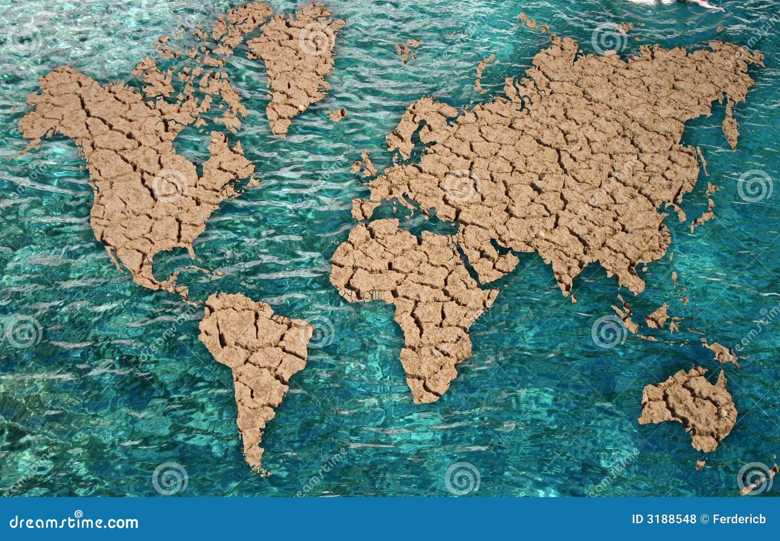 Aquecimento global. Exprima o mapa com os oceanos na água e em países secos
