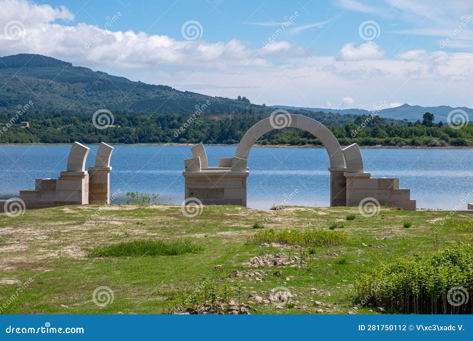 roman ruins with lake. aquis querquennis archaeological site, arched stone door. baÃÂ±os de bande, orense, spain