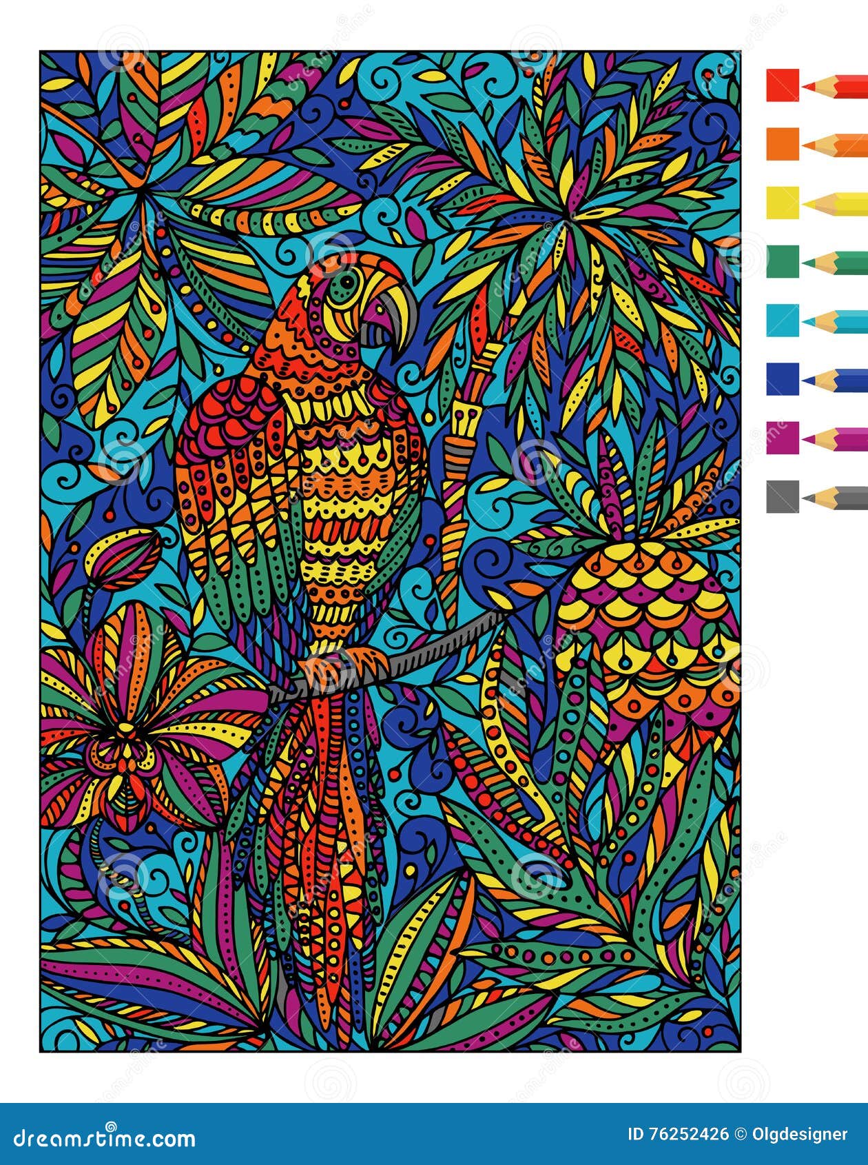 Ara del pappagallo e piante tropicali Libro da colorare di vettore