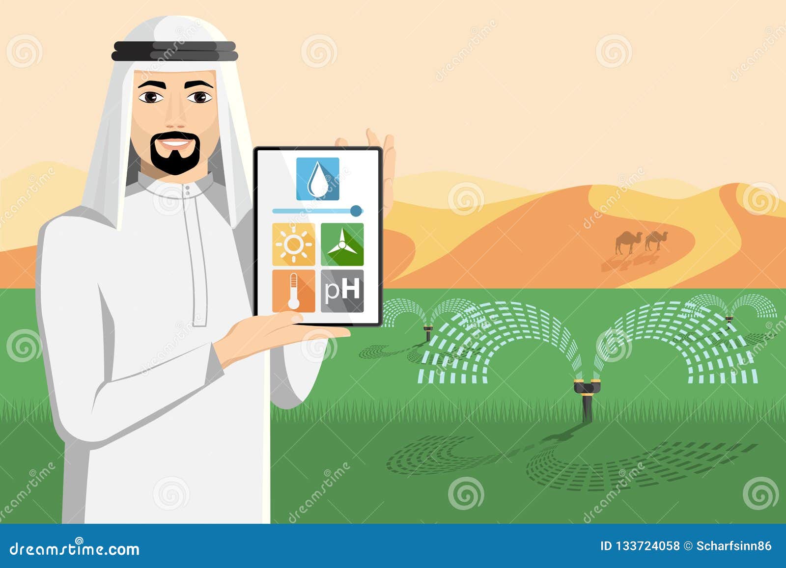 Arab Farmer Controls Irrigation System. Stock Vector Illustration of