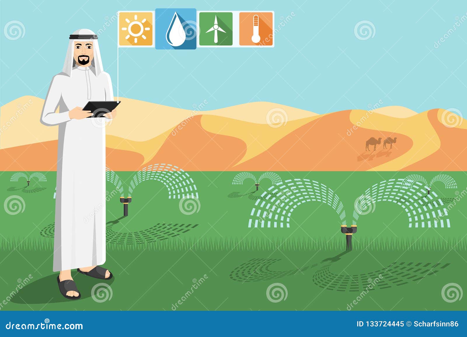 Arab Farmer Controls Irrigation System. Stock Vector Illustration of