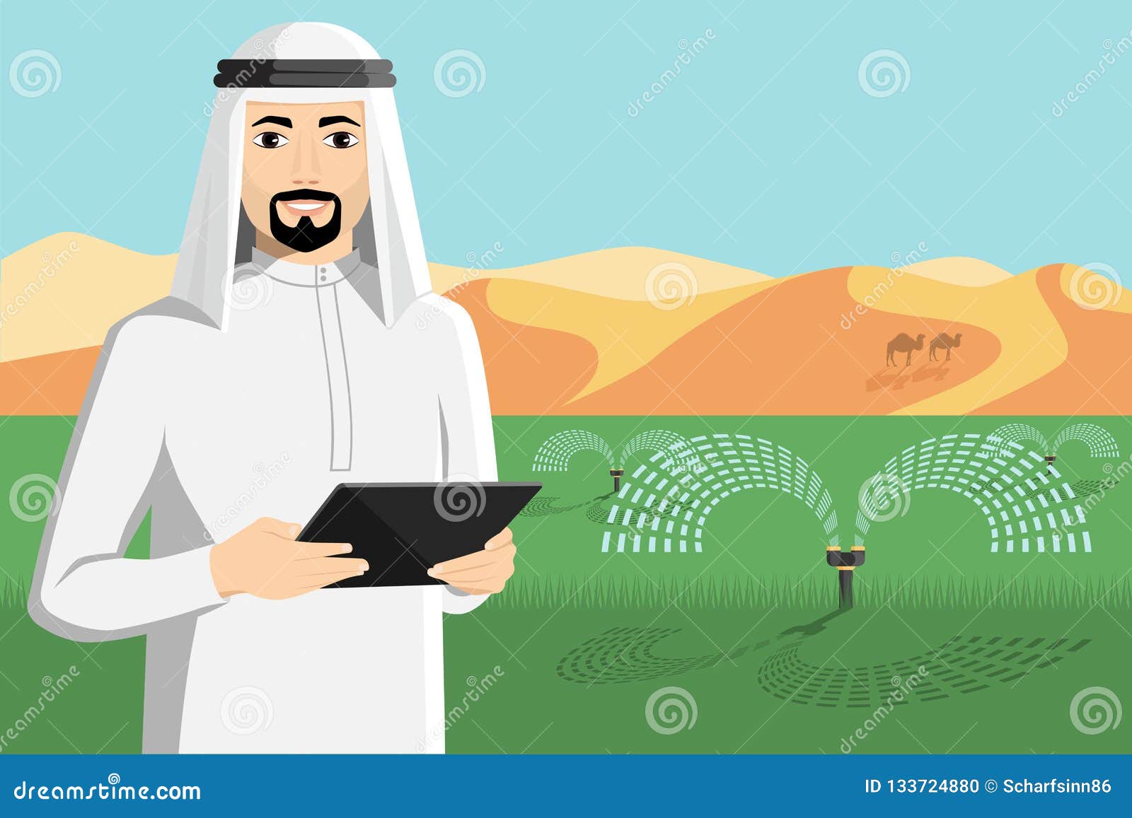 Arab Farmer Controls Irrigation System. Stock Vector Illustration of