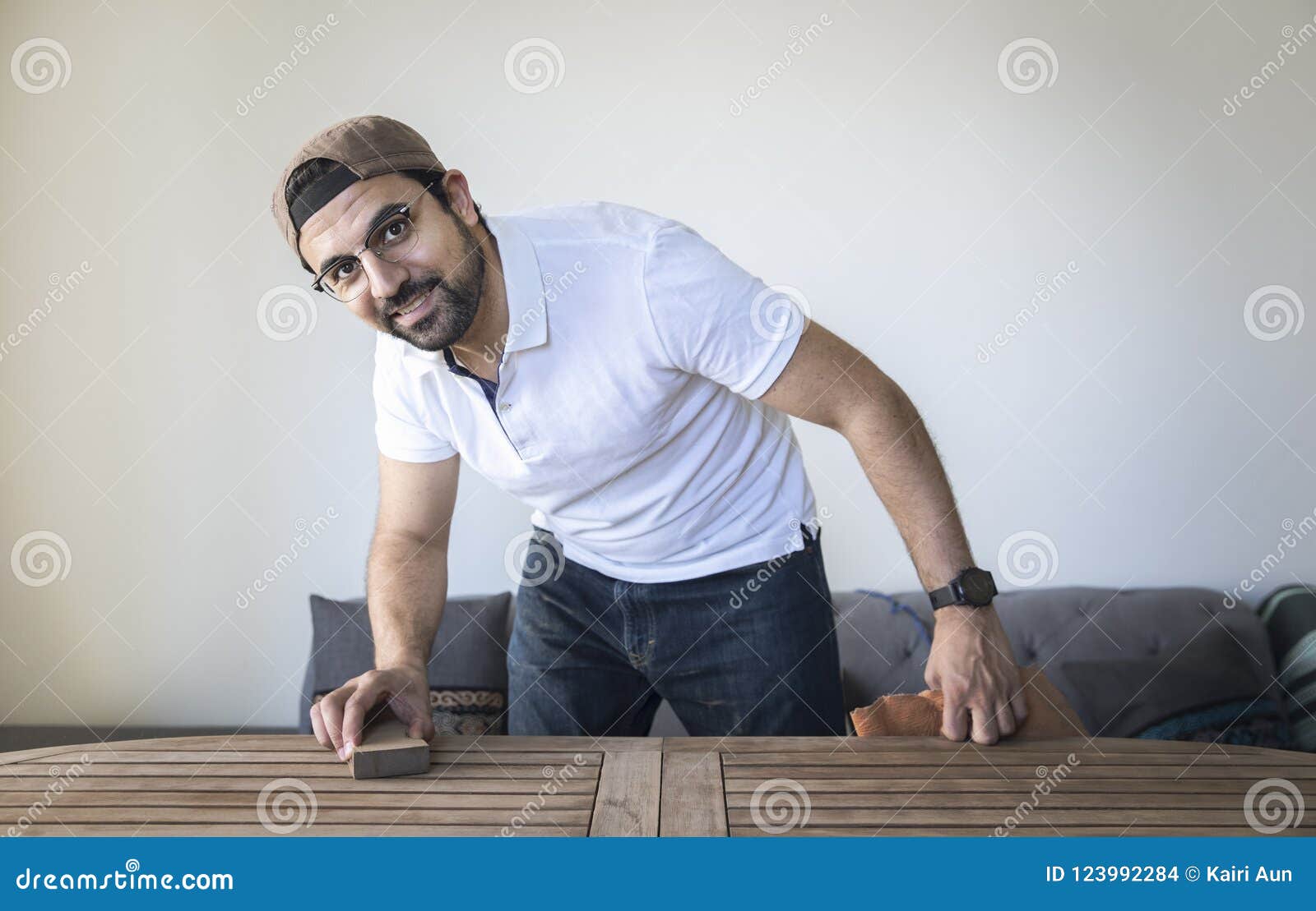 Arab Man Renovating A Wooden Table Stock Photo Image Of
