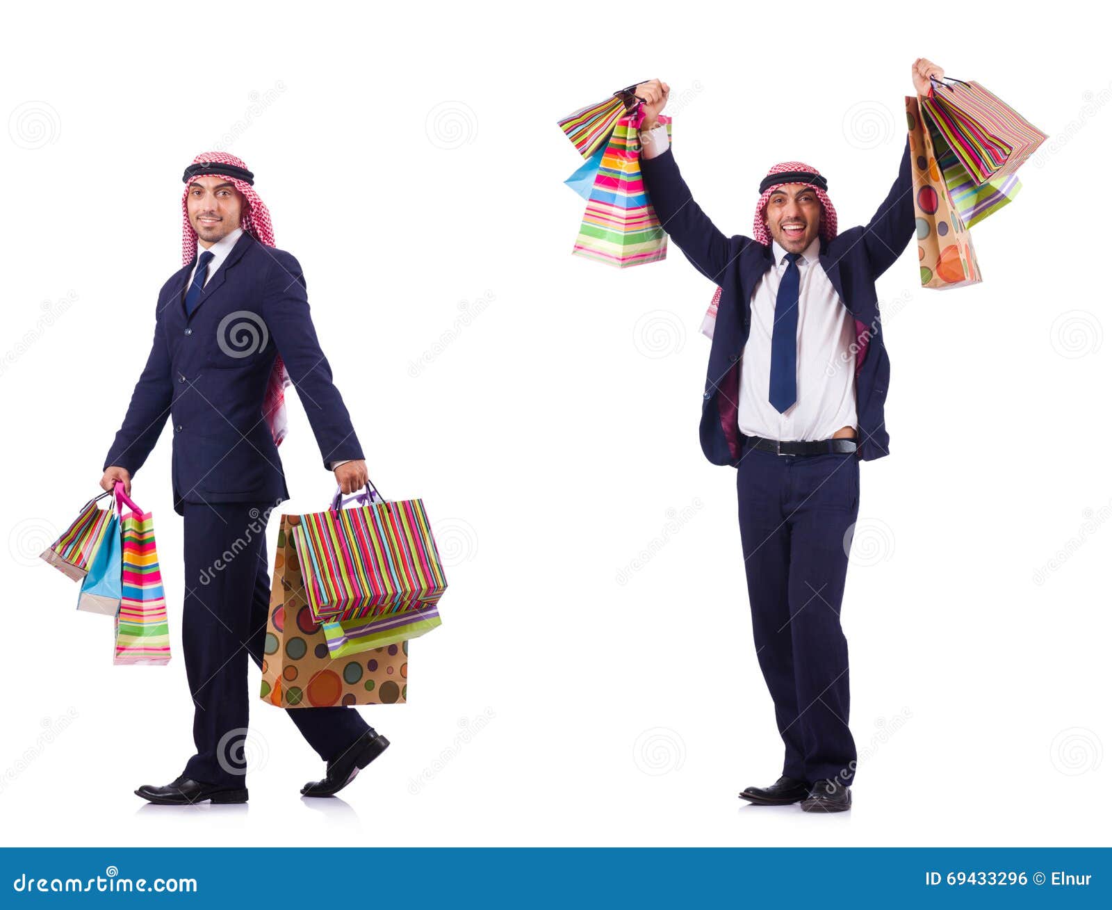 The arab man with shopping gifts on white