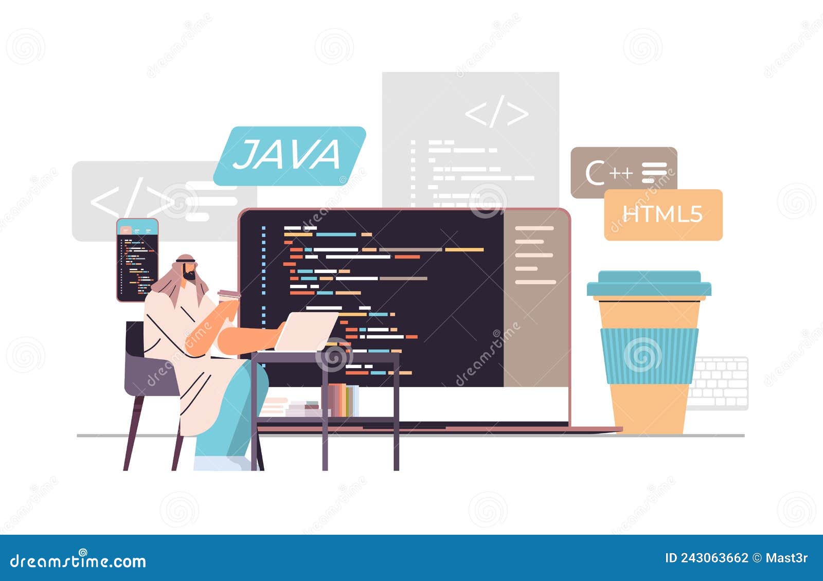 Arab Web Developer Creating Program Code on Laptop Screen Development ...