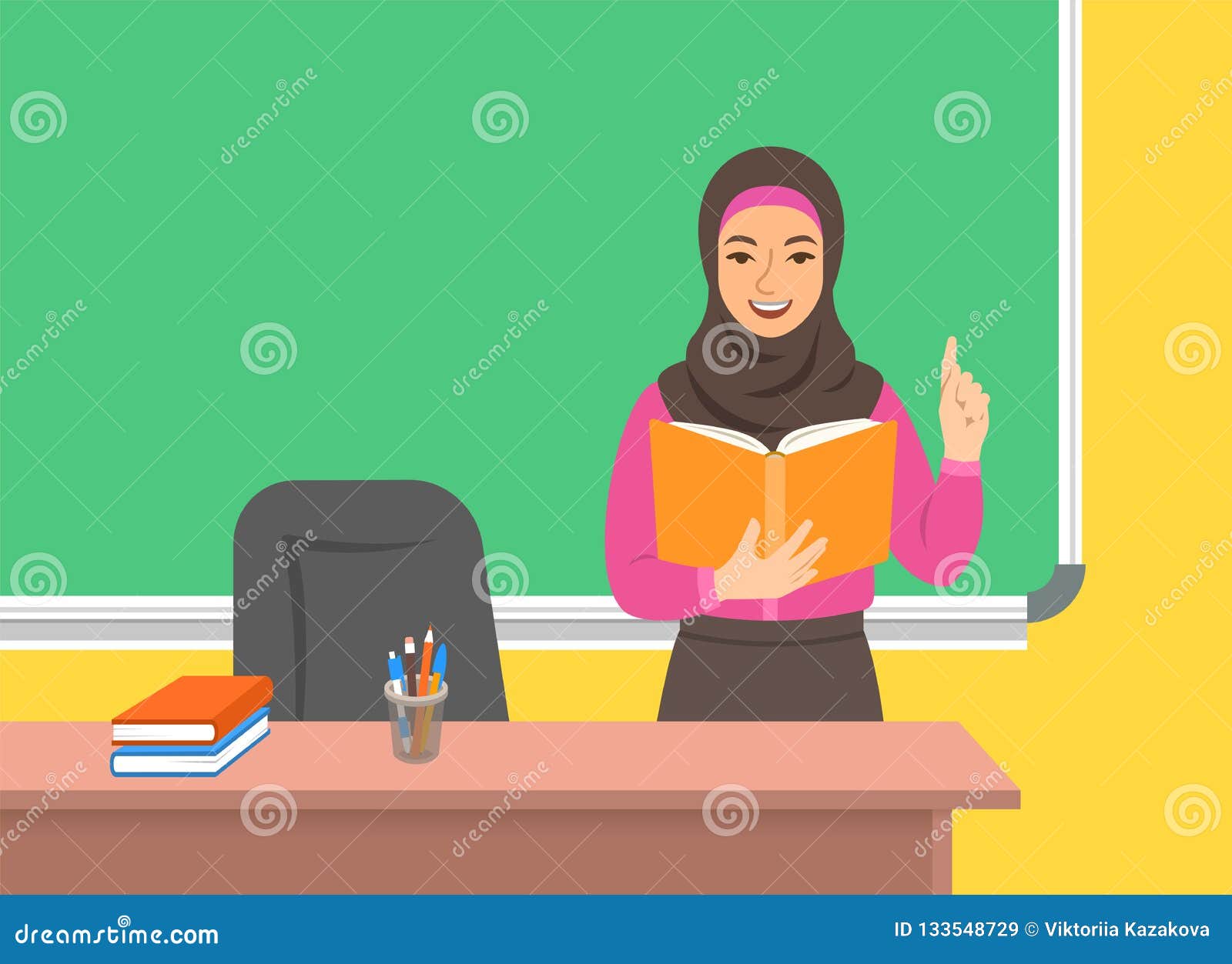 Arab Teacher Reads Book Near Blackboard In Class Stock Vector