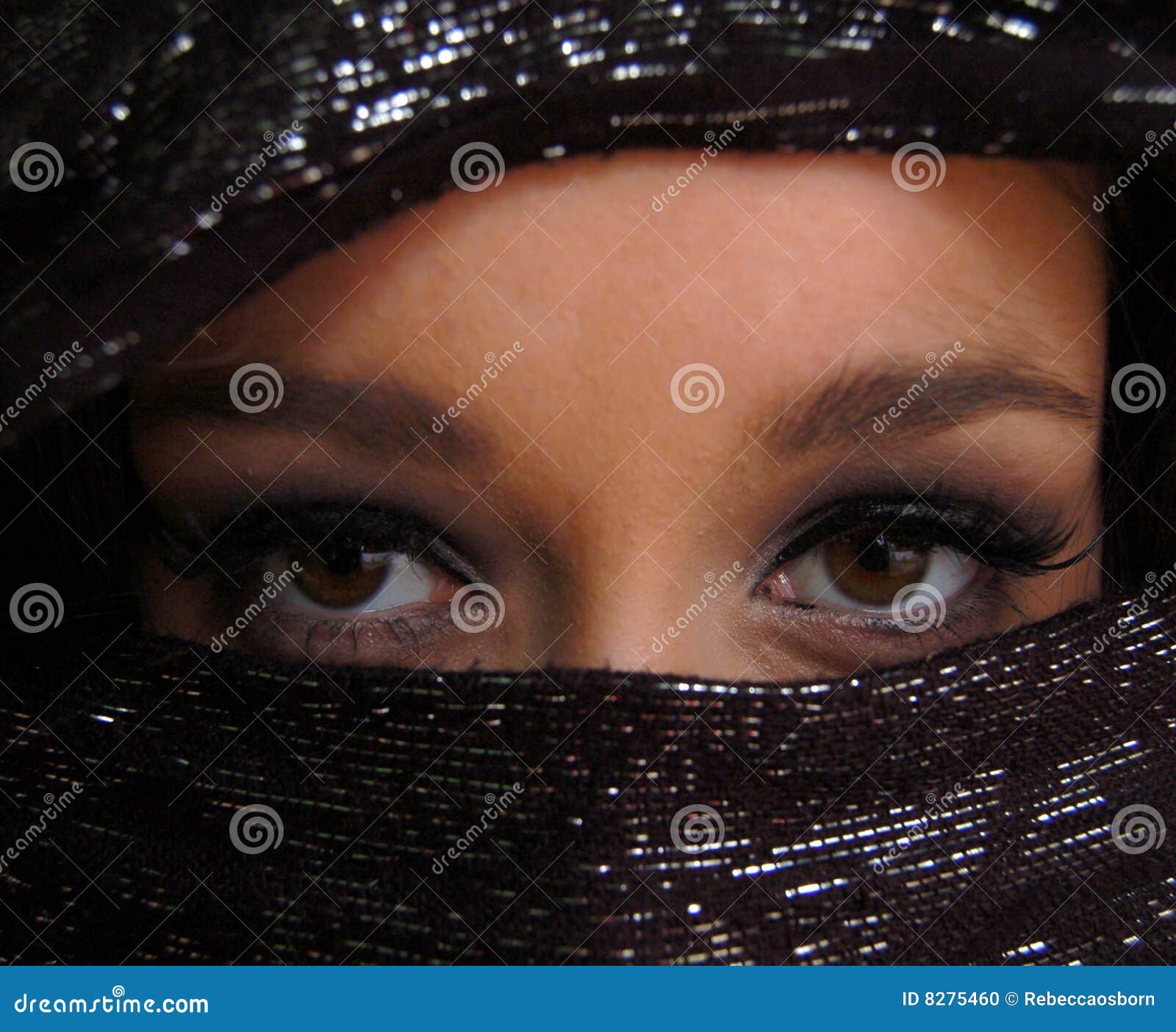 Beautiful brown arabian eyes, covered with a glittery black scarf.