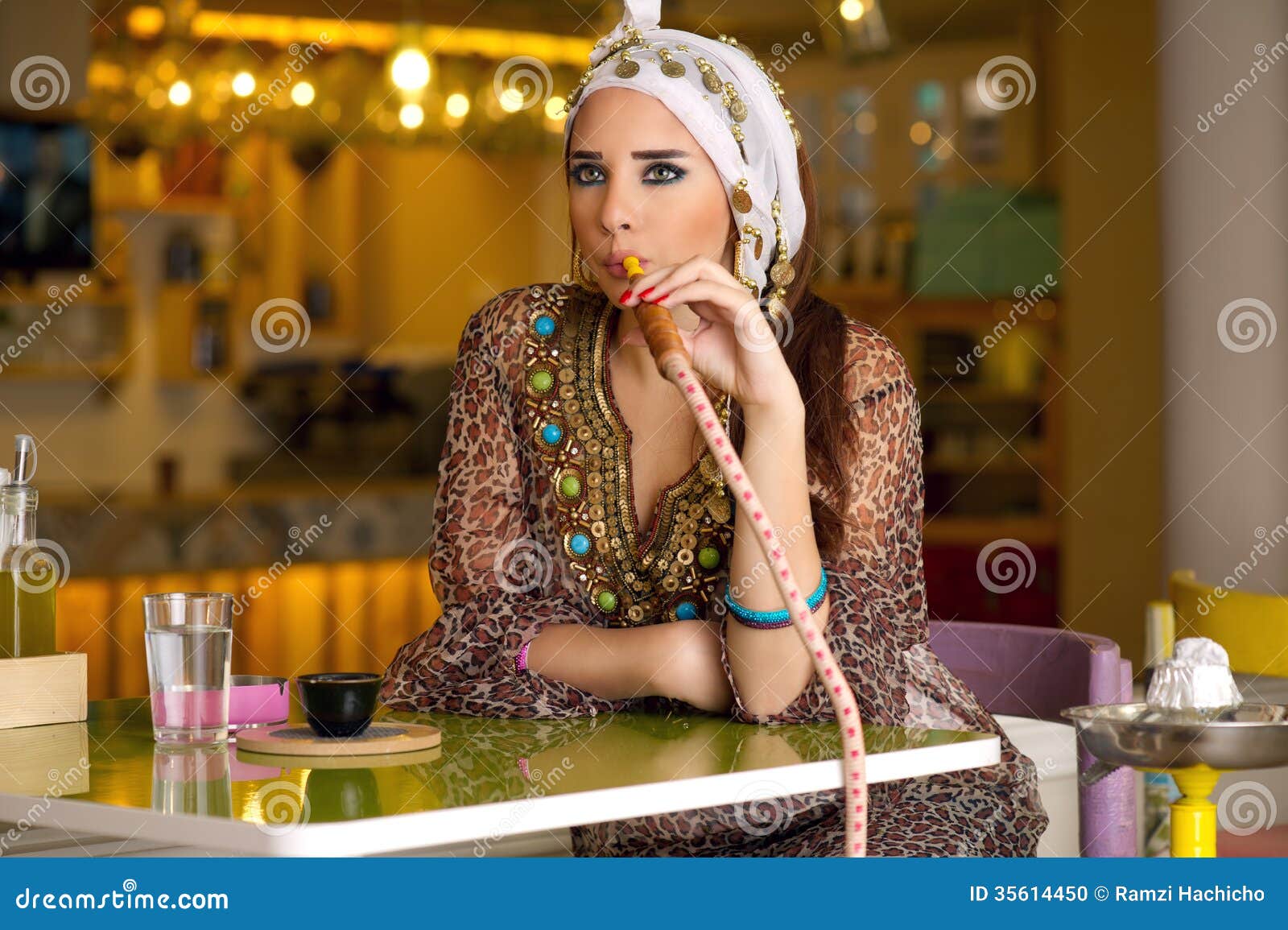 Arabian Lady Smoking Hookah in the Coffee Shop Stock Photo Image of