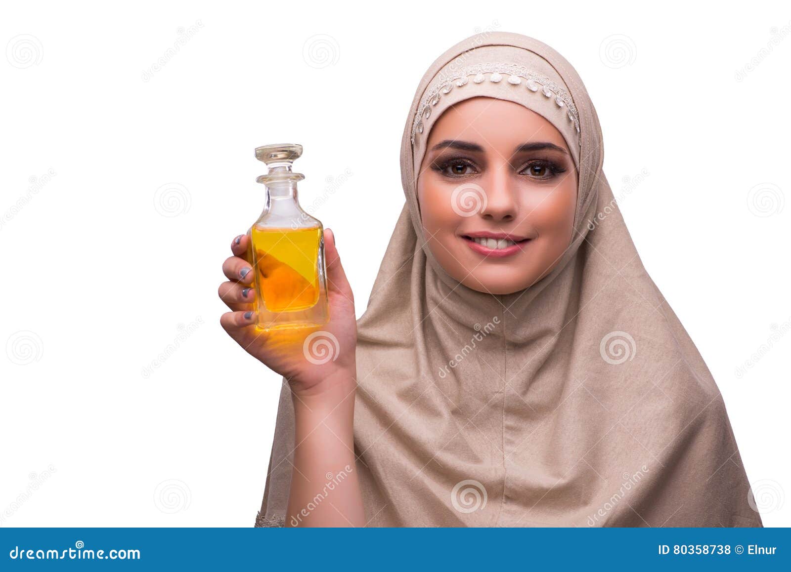 The Arabian Woman with Bottle of Perfume Isolated on White Stock Photo