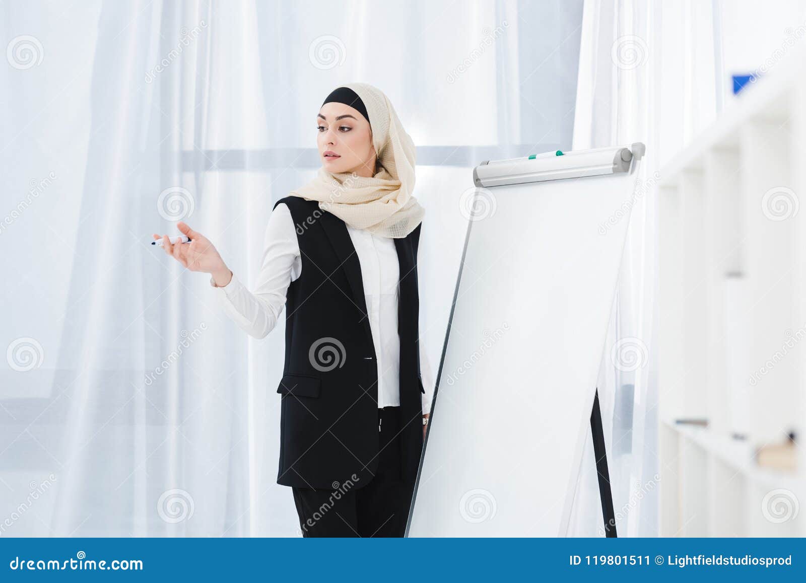 Arabic Businesswoman In Formal Wear And Hijab Standing At White