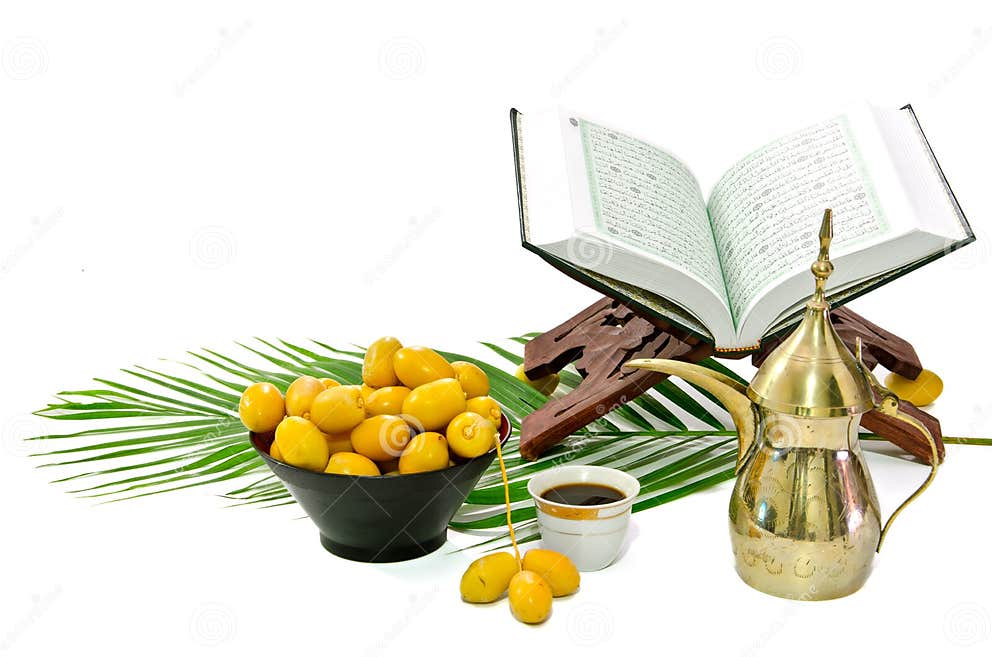 Arabic Coffee with Date Fruit and the Holy Quran Stock Image Image of