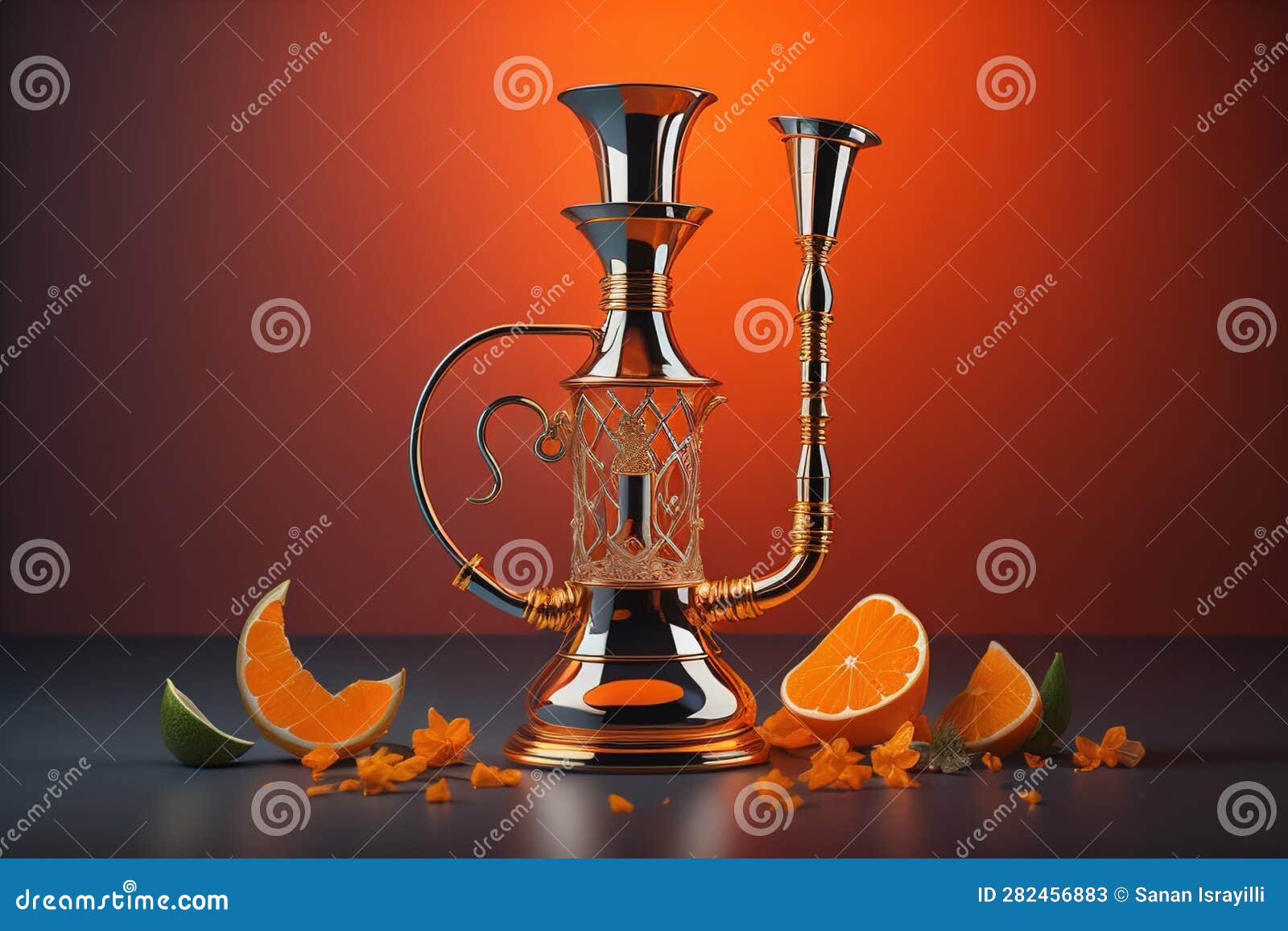 Arabic Hookah with Orange Fruit on a Dark Background. Generative Ai