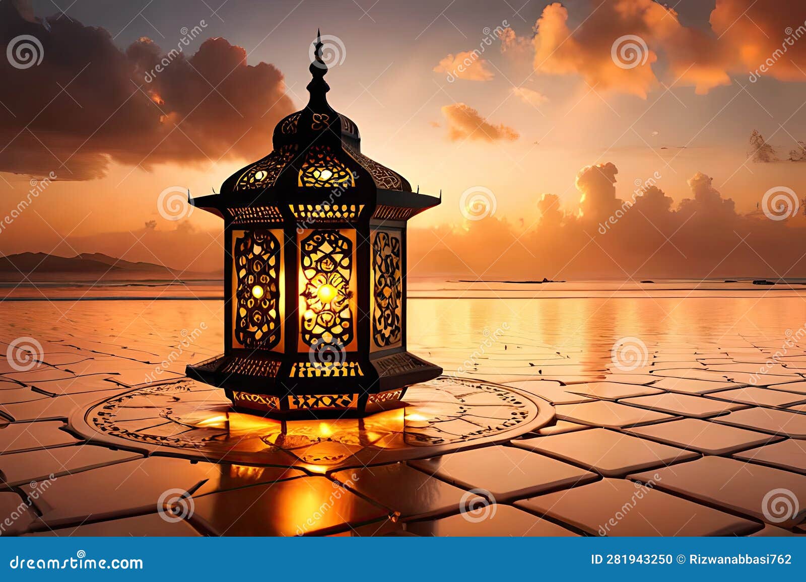 Arabic Lantern with Burning Candle Glowing Islamic Background Eid Al