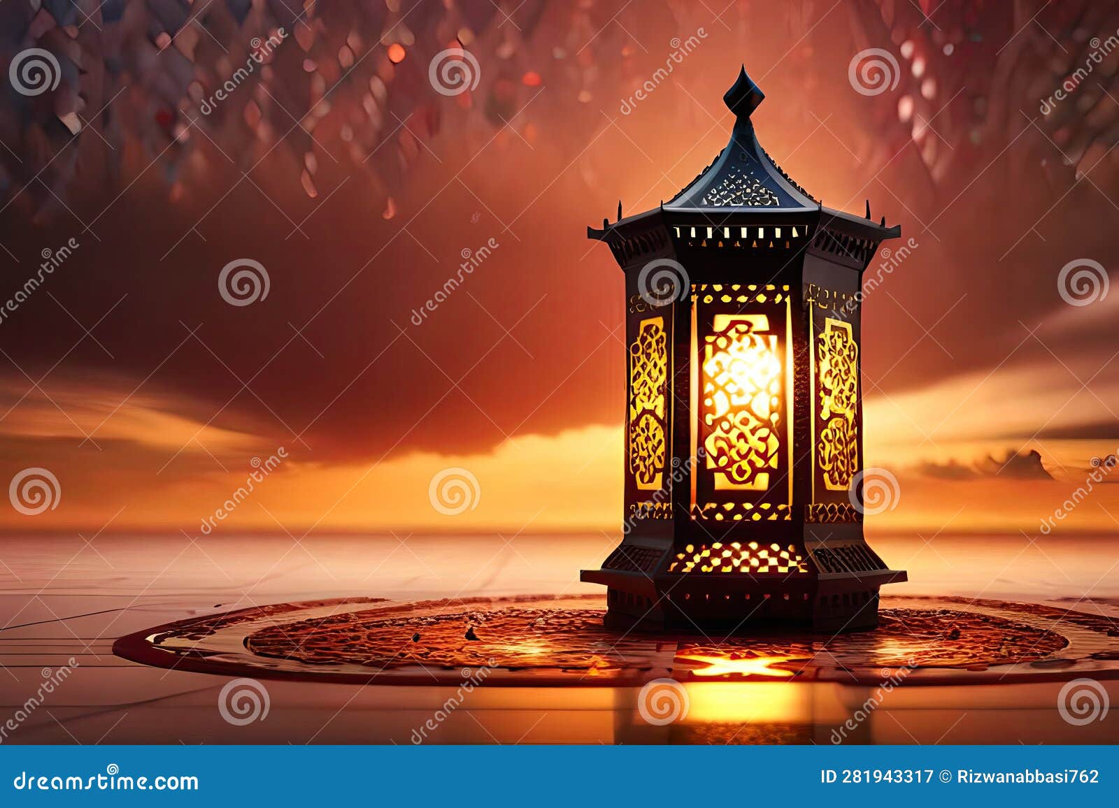 Arabic Lantern with Burning Candle Glowing Islamic Background Eid Al